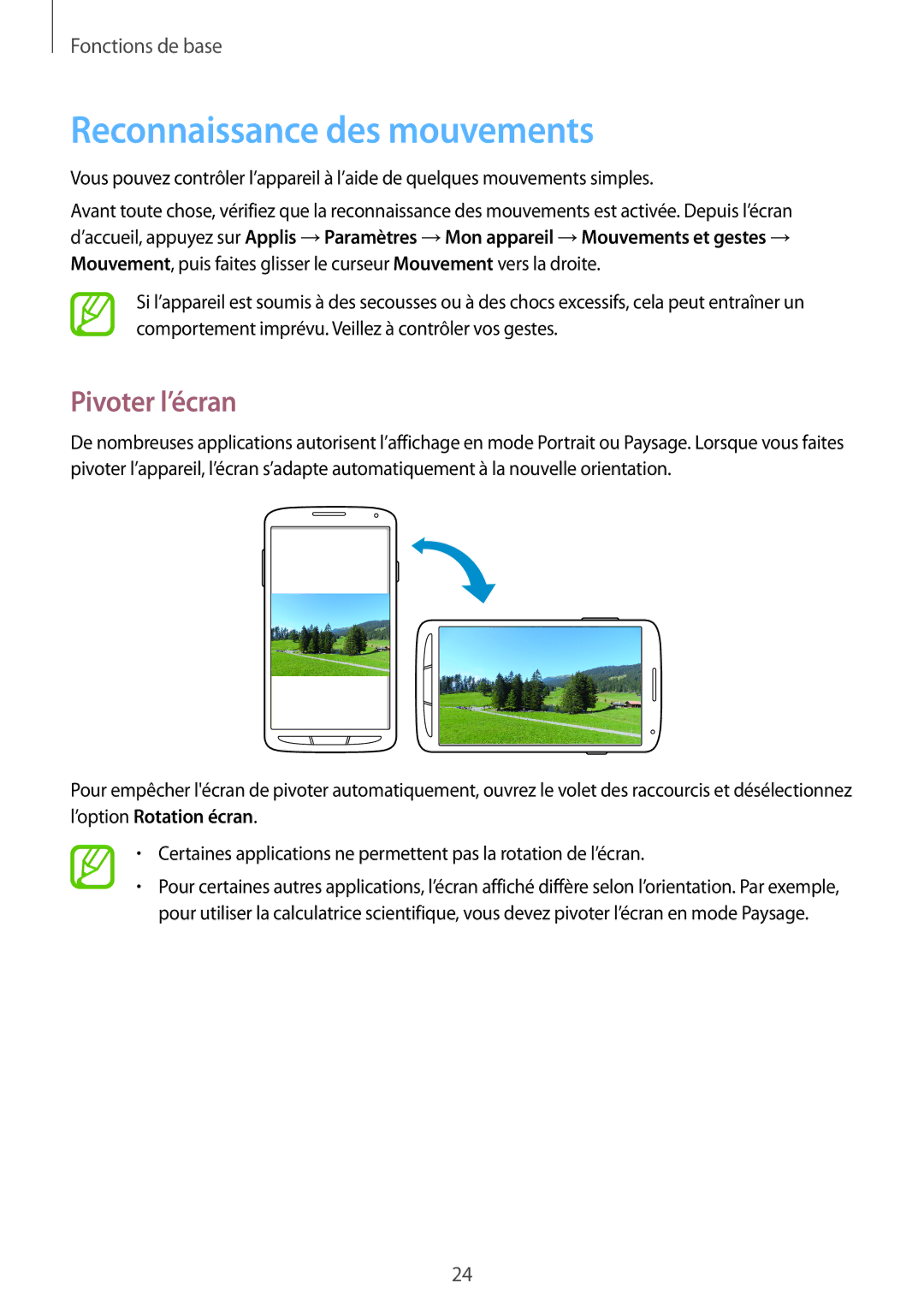 Samsung GT-I9295ZAAXEF manual Reconnaissance des mouvements, Pivoter l’écran 