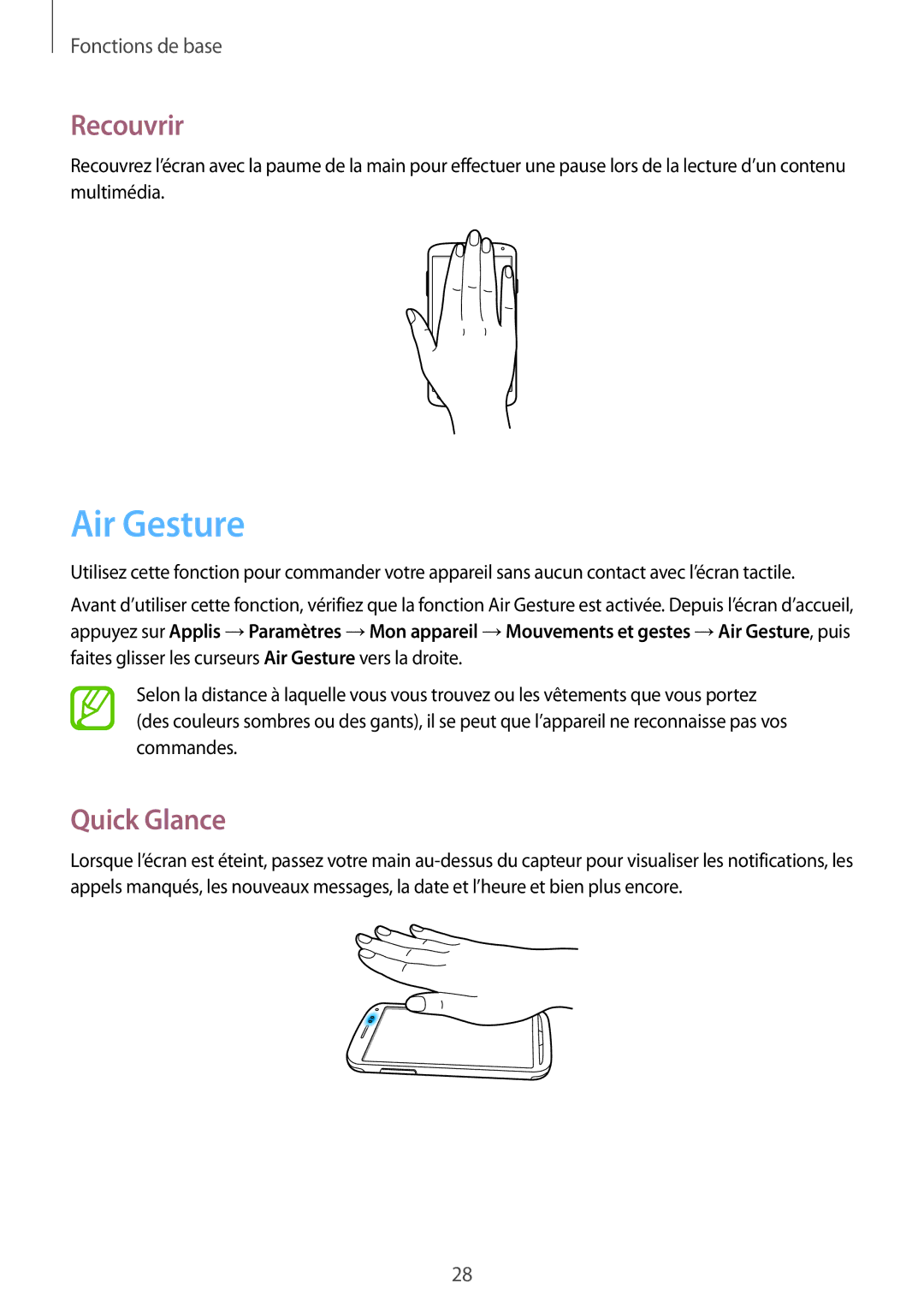 Samsung GT-I9295ZAAXEF manual Air Gesture, Recouvrir, Quick Glance 