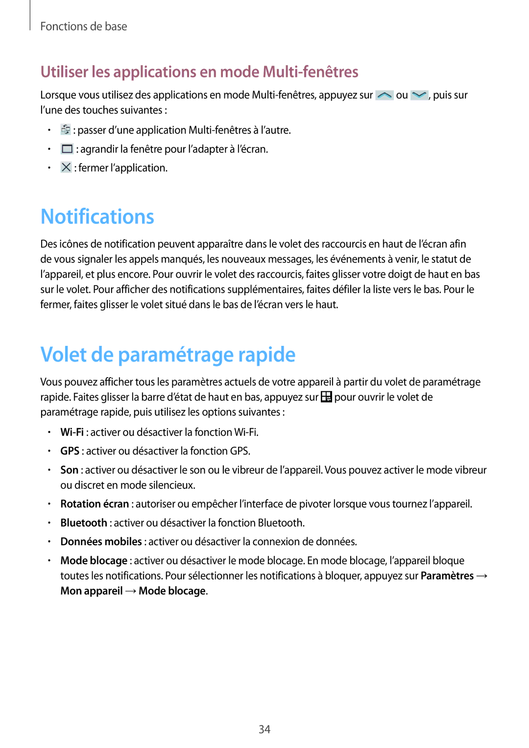 Samsung GT-I9295ZAAXEF manual Notifications, Volet de paramétrage rapide, Utiliser les applications en mode Multi-fenêtres 
