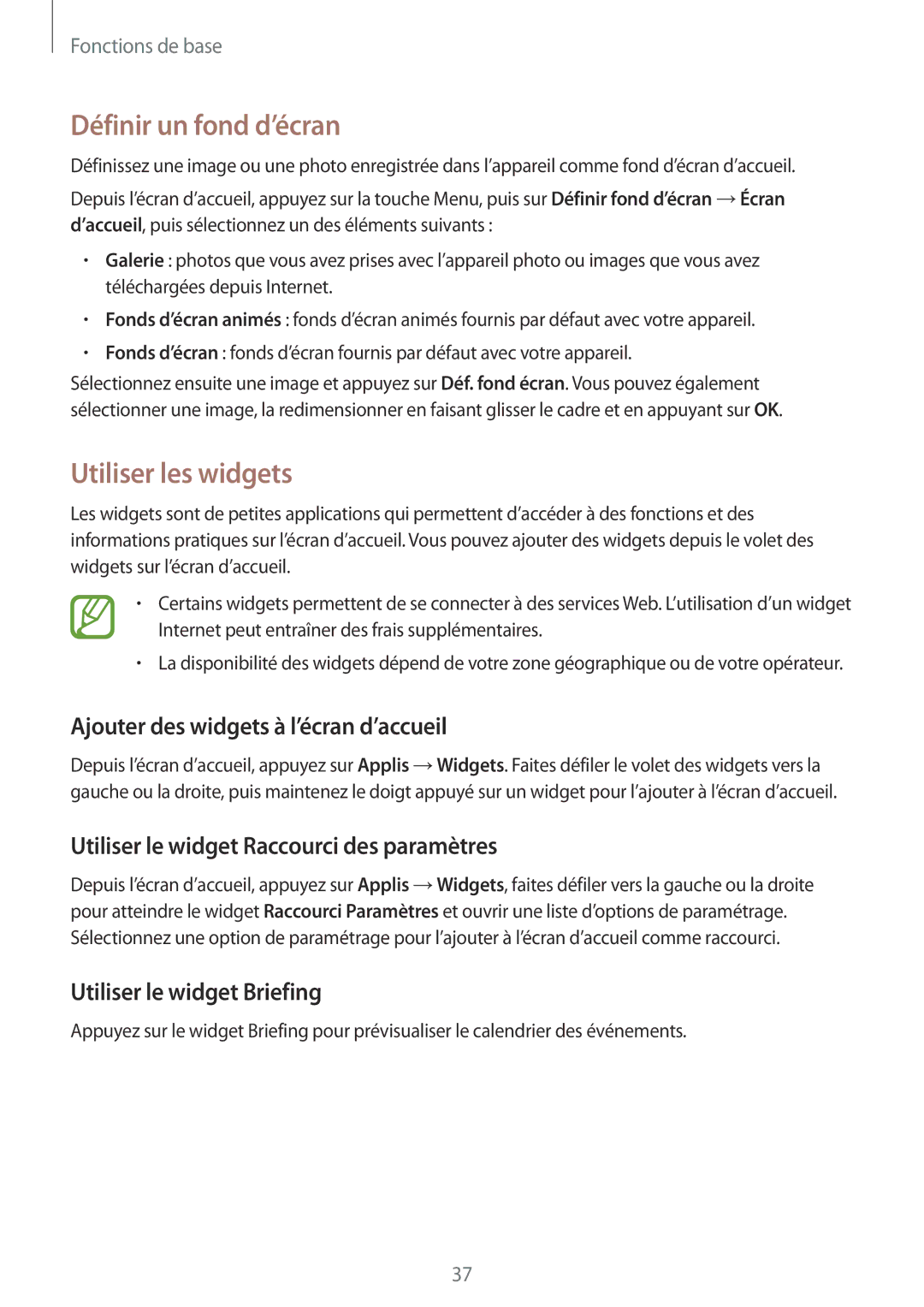 Samsung GT-I9295ZAAXEF manual Définir un fond d’écran, Utiliser les widgets, Ajouter des widgets à l’écran d’accueil 