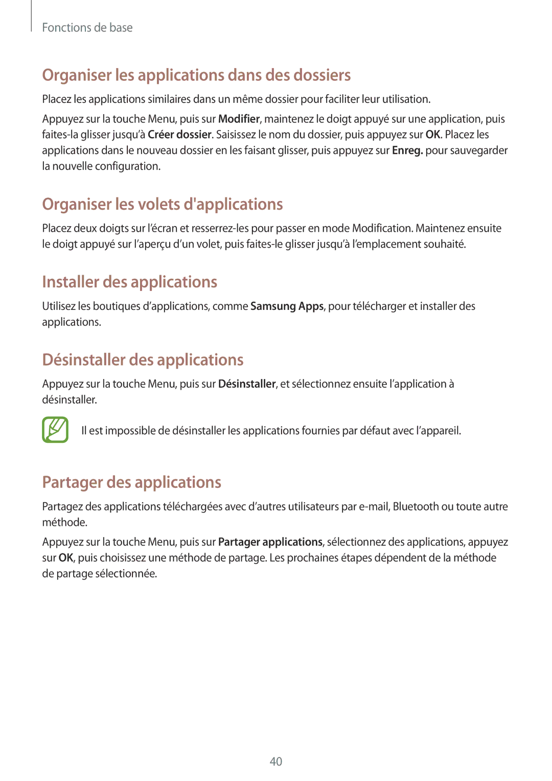 Samsung GT-I9295ZAAXEF manual Organiser les applications dans des dossiers, Organiser les volets dapplications 