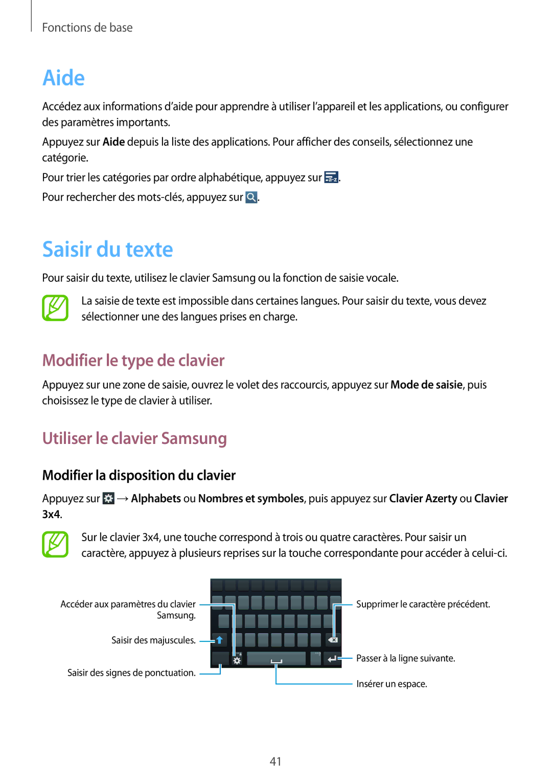 Samsung GT-I9295ZAAXEF manual Aide, Saisir du texte, Modifier le type de clavier, Utiliser le clavier Samsung 