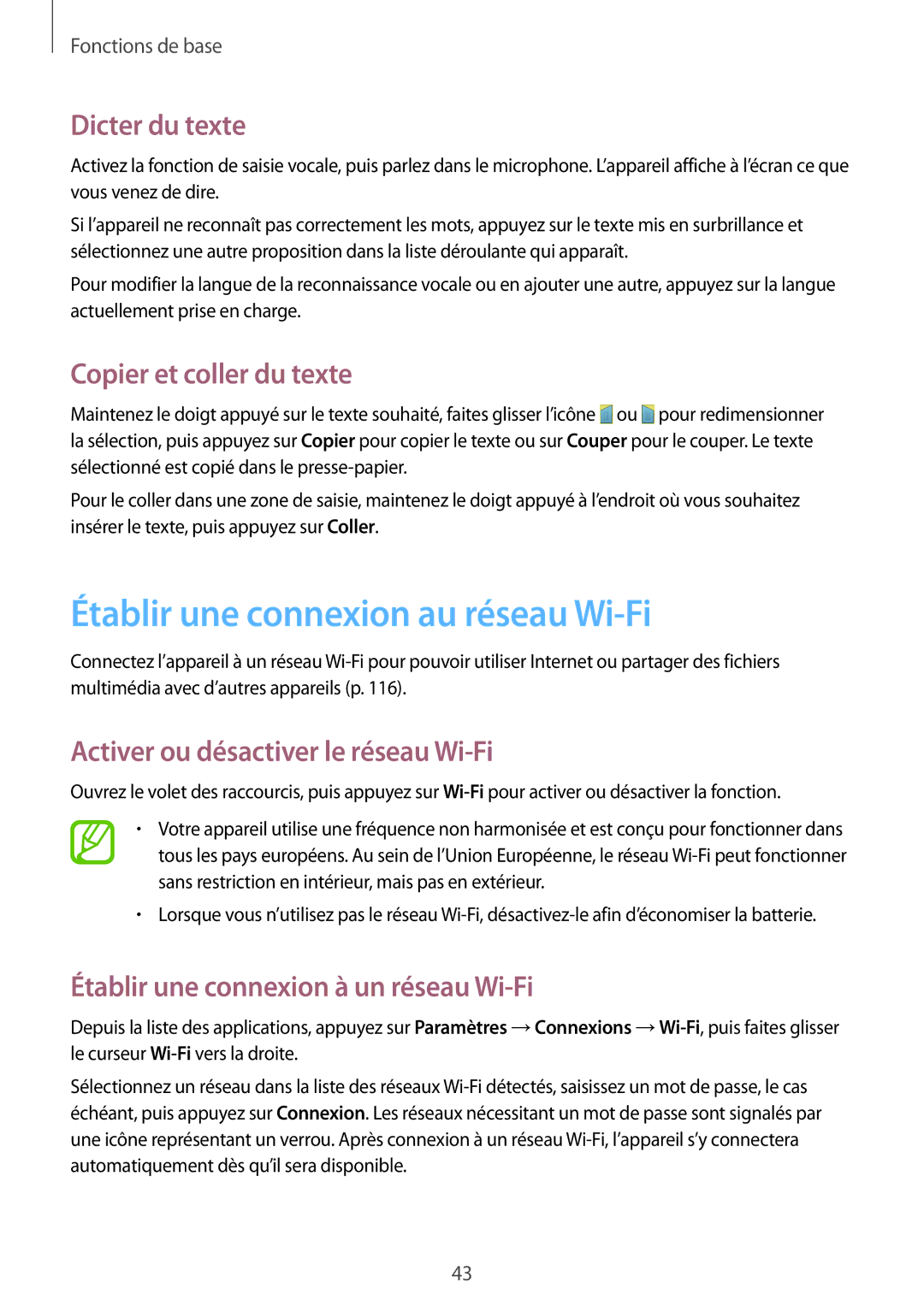 Samsung GT-I9295ZAAXEF manual Établir une connexion au réseau Wi-Fi, Dicter du texte, Copier et coller du texte 