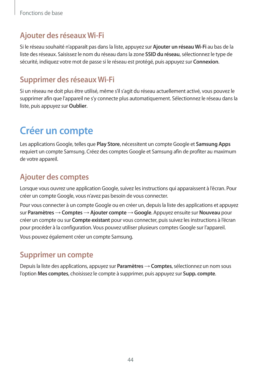 Samsung GT-I9295ZAAXEF manual Créer un compte, Ajouter des réseaux Wi-Fi, Supprimer des réseaux Wi-Fi, Ajouter des comptes 