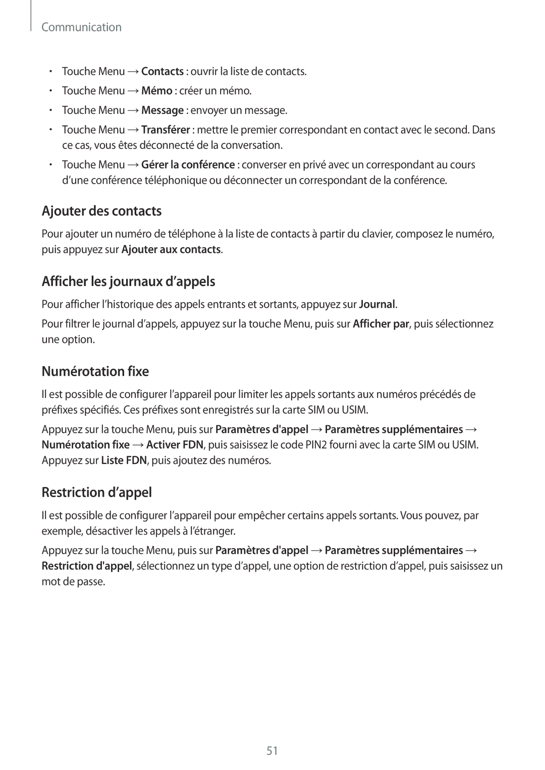 Samsung GT-I9295ZAAXEF manual Ajouter des contacts, Afficher les journaux d’appels, Numérotation fixe, Restriction d’appel 