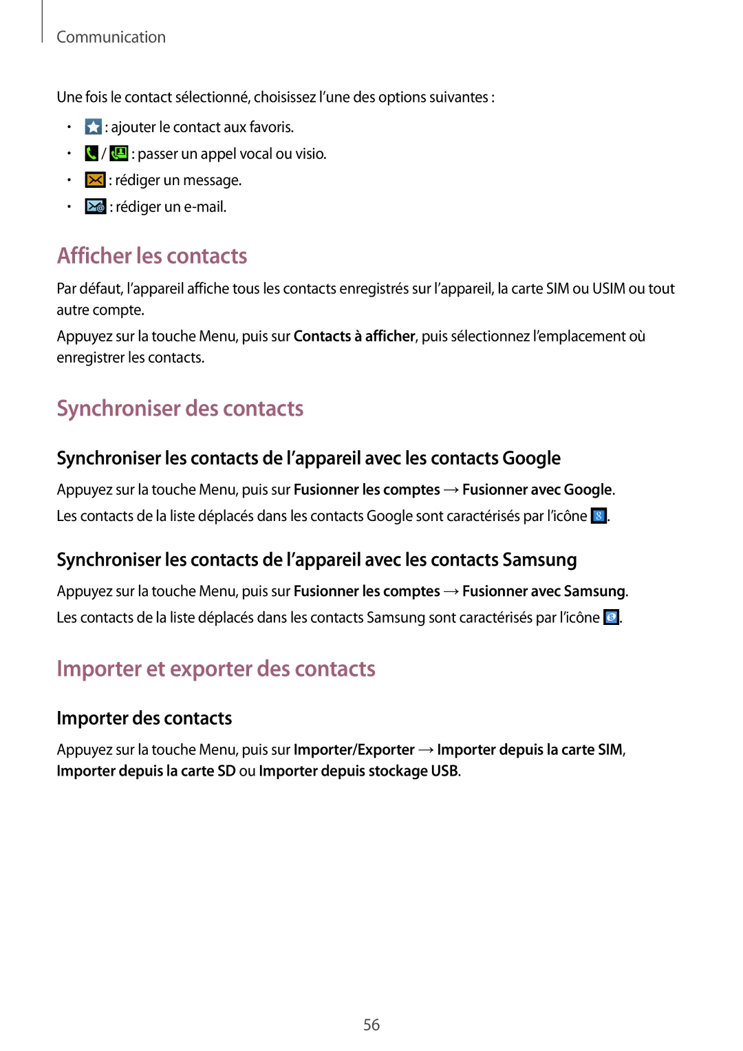 Samsung GT-I9295ZAAXEF manual Afficher les contacts, Synchroniser des contacts, Importer et exporter des contacts 