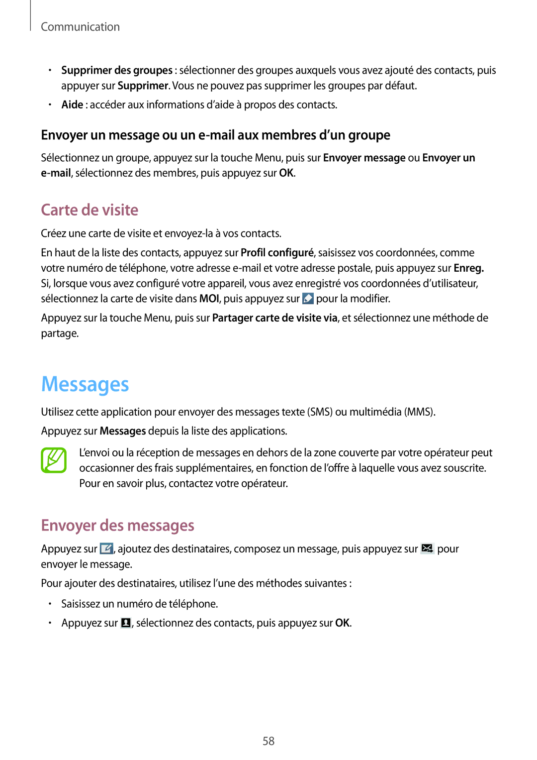 Samsung GT-I9295ZAAXEF manual Messages, Carte de visite, Envoyer des messages 