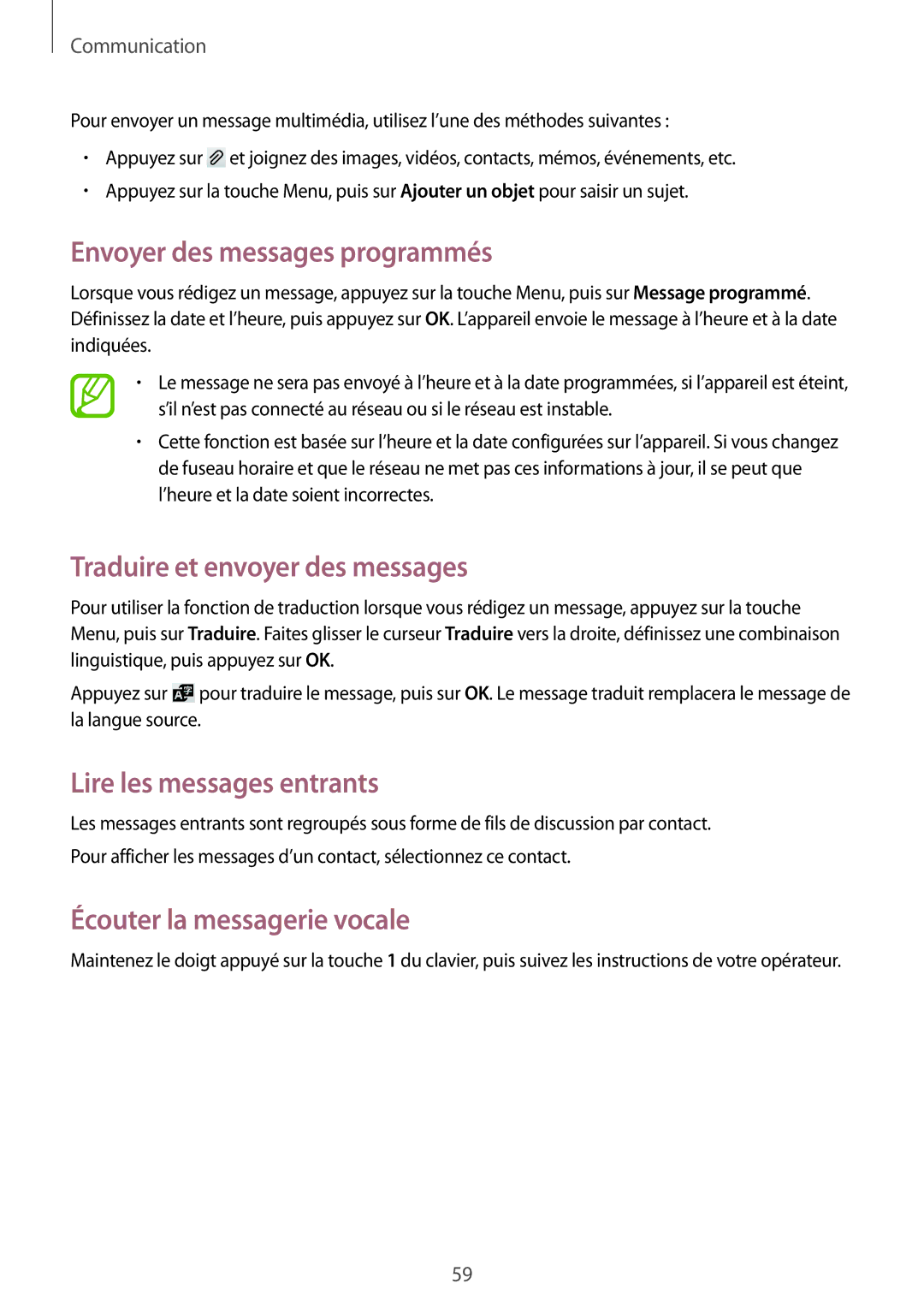 Samsung GT-I9295ZAAXEF manual Envoyer des messages programmés, Traduire et envoyer des messages, Lire les messages entrants 