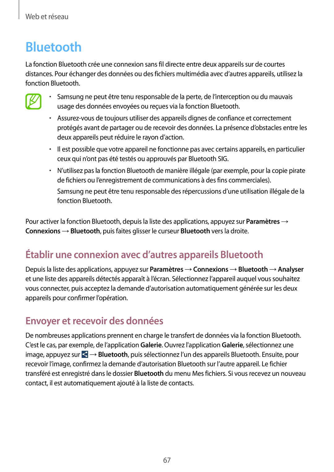 Samsung GT-I9295ZAAXEF manual Établir une connexion avec d’autres appareils Bluetooth, Envoyer et recevoir des données 