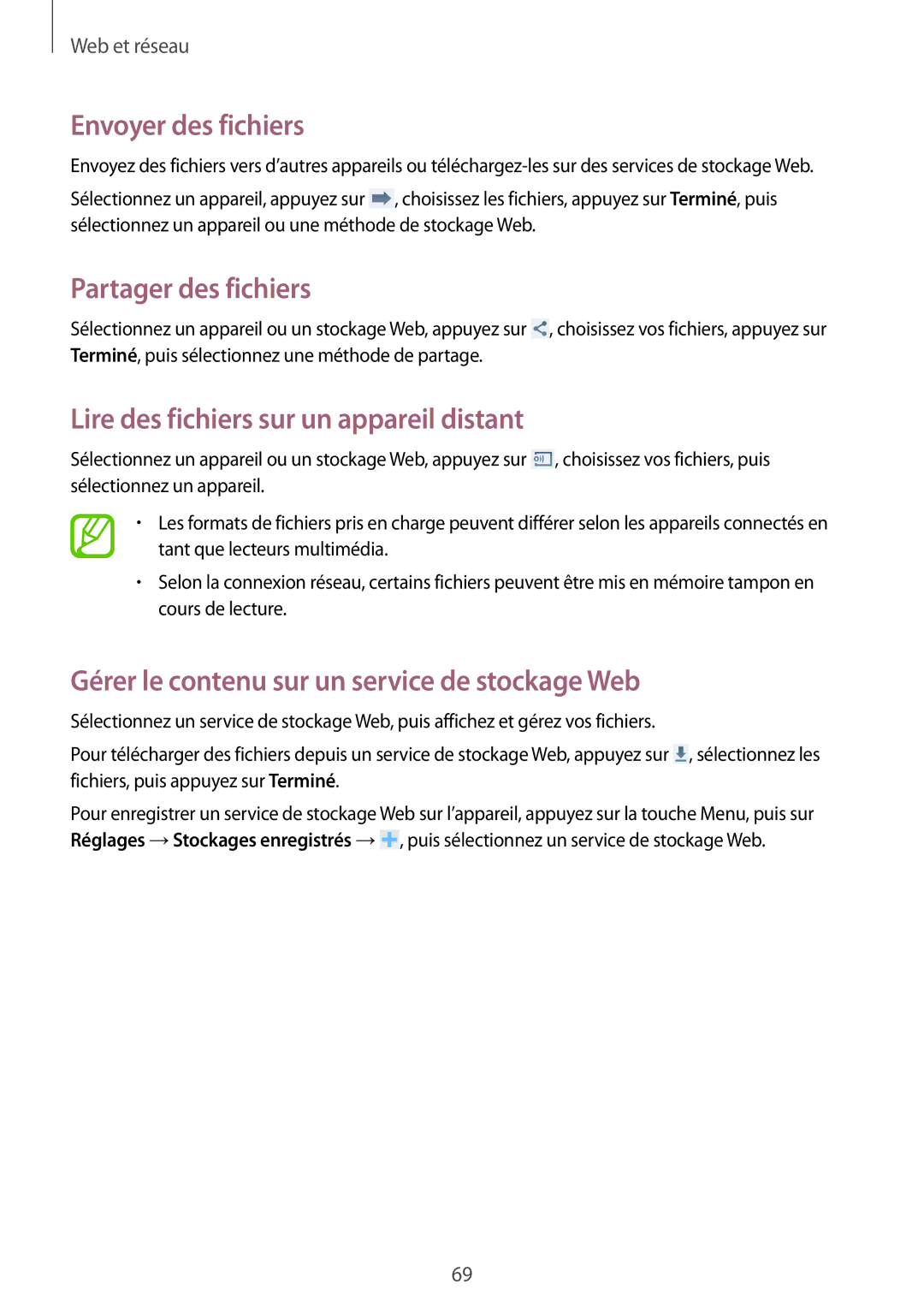 Samsung GT-I9295ZAAXEF manual Envoyer des fichiers, Partager des fichiers, Lire des fichiers sur un appareil distant 