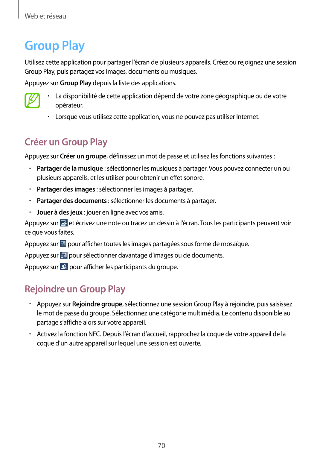 Samsung GT-I9295ZAAXEF manual Créer un Group Play, Rejoindre un Group Play 