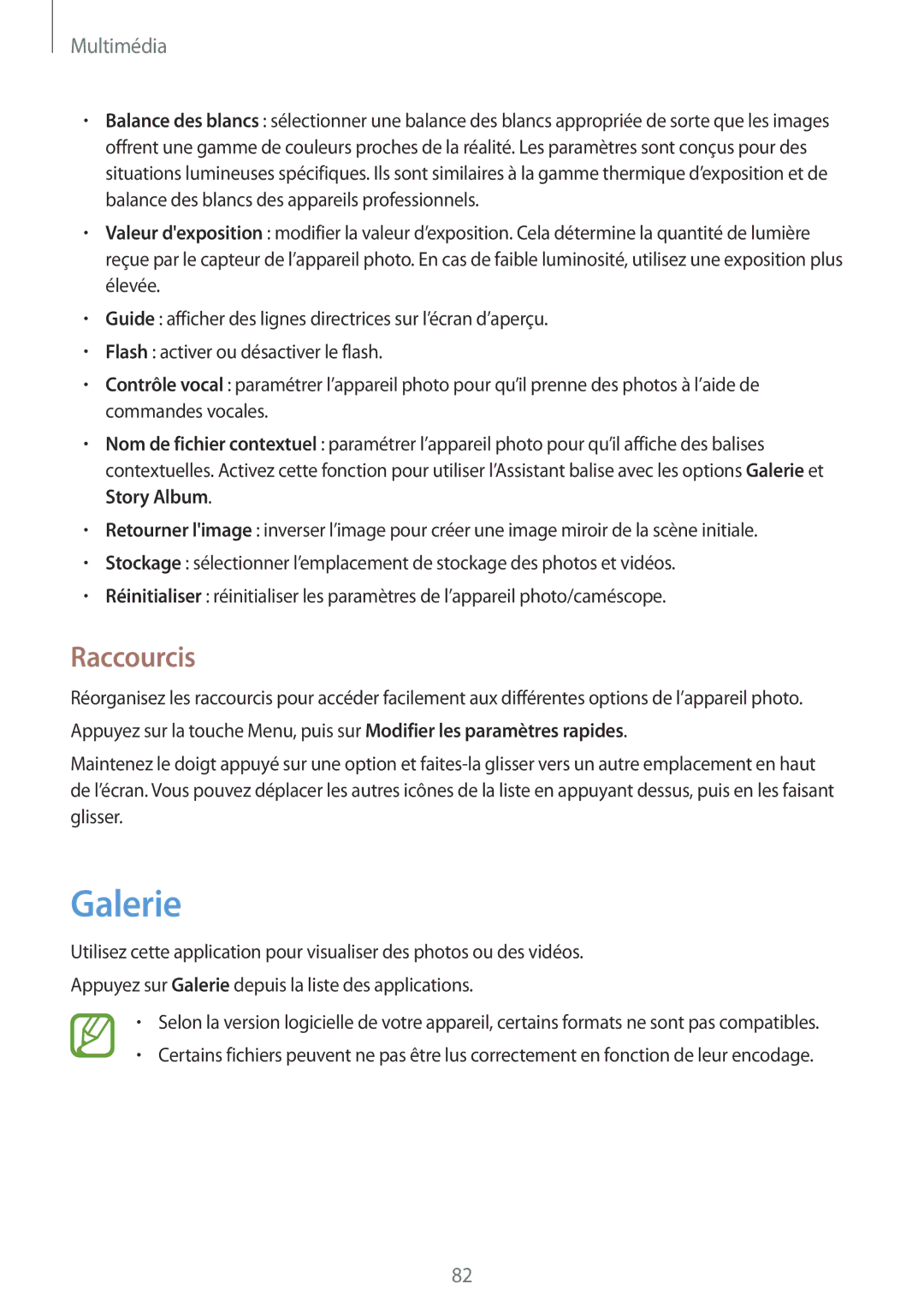 Samsung GT-I9295ZAAXEF manual Galerie, Raccourcis 