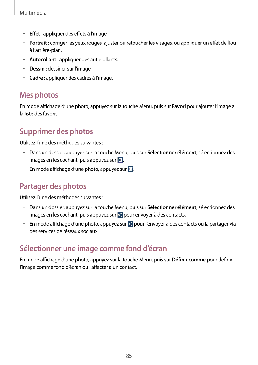 Samsung GT-I9295ZAAXEF manual Mes photos, Supprimer des photos, Sélectionner une image comme fond d’écran 