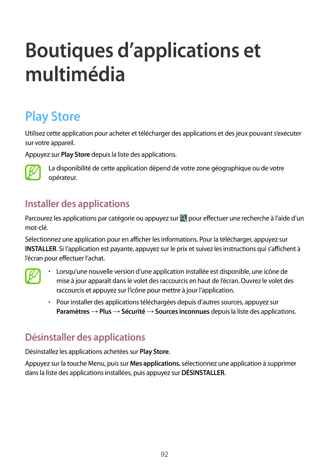 Samsung GT-I9295ZAAXEF manual Boutiques d’applications et multimédia, Play Store 