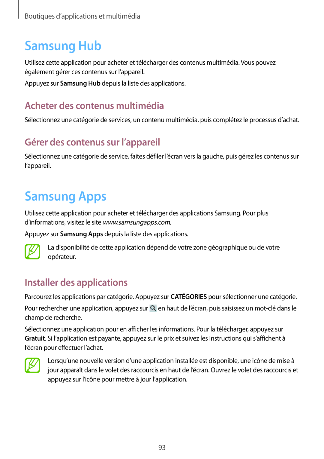 Samsung GT-I9295ZAAXEF manual Samsung Hub, Samsung Apps, Acheter des contenus multimédia, Gérer des contenus sur l’appareil 