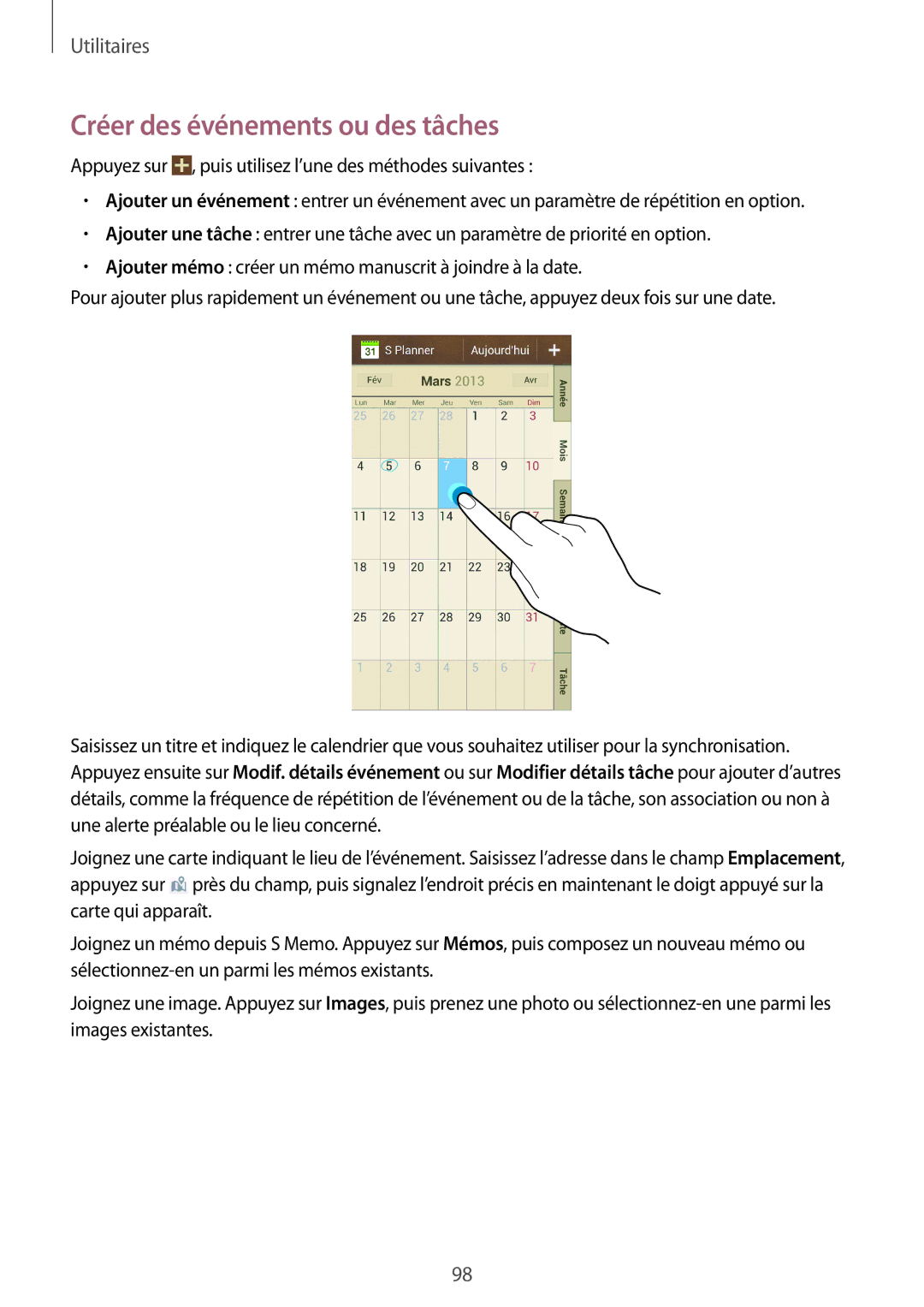 Samsung GT-I9295ZAAXEF manual Créer des événements ou des tâches 