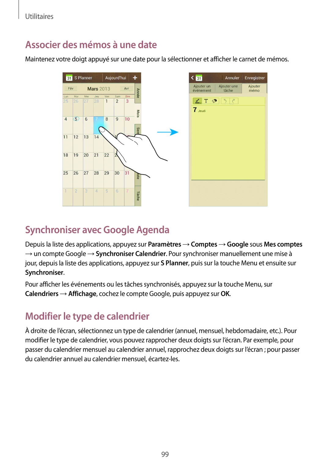 Samsung GT-I9295ZAAXEF Associer des mémos à une date, Synchroniser avec Google Agenda, Modifier le type de calendrier 