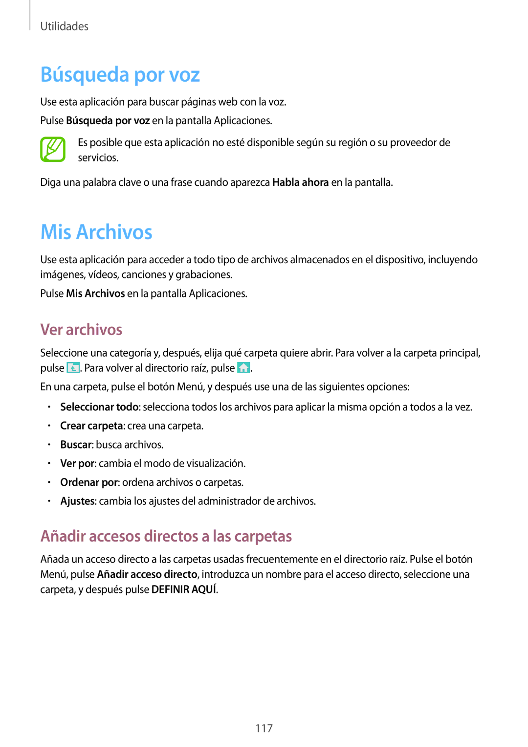 Samsung GT-I9295ZAAXEF manual Búsqueda por voz, Mis Archivos, Ver archivos, Añadir accesos directos a las carpetas 