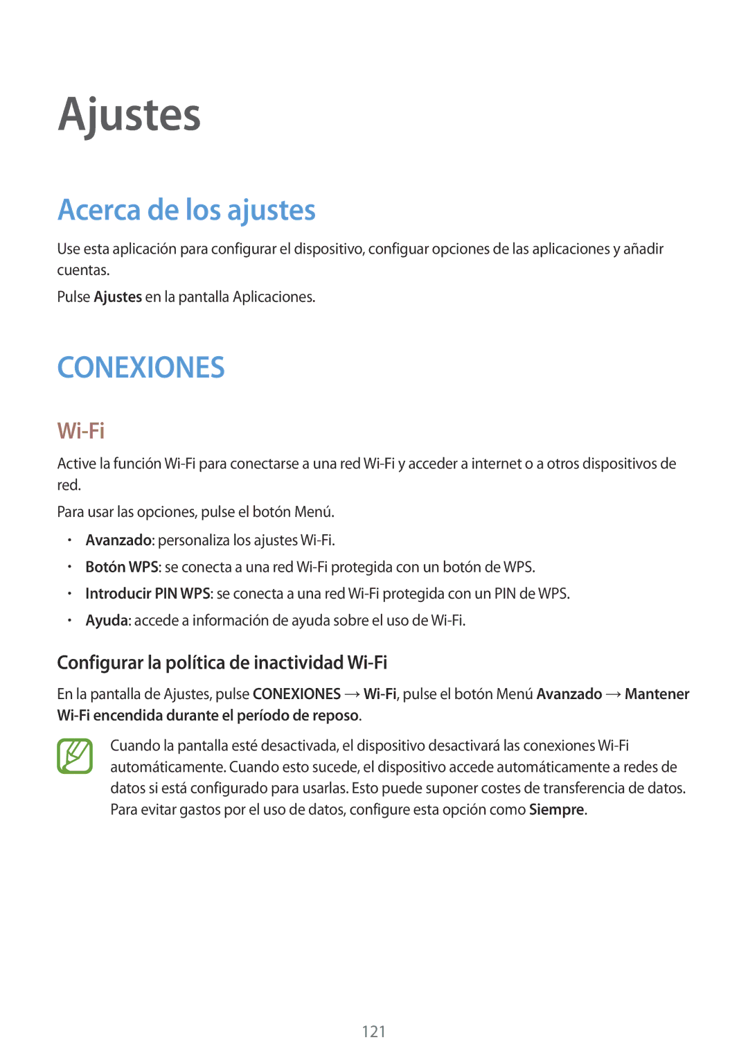 Samsung GT-I9295ZAAXEF, GT-I9295ZBADBT manual Acerca de los ajustes, Configurar la política de inactividad Wi-Fi 