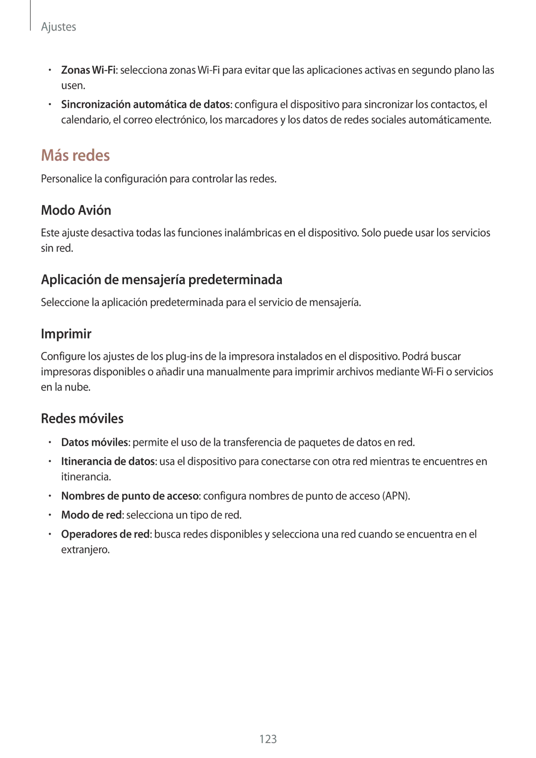 Samsung GT-I9295ZBAROM manual Más redes, Modo Avión, Aplicación de mensajería predeterminada, Imprimir, Redes móviles 