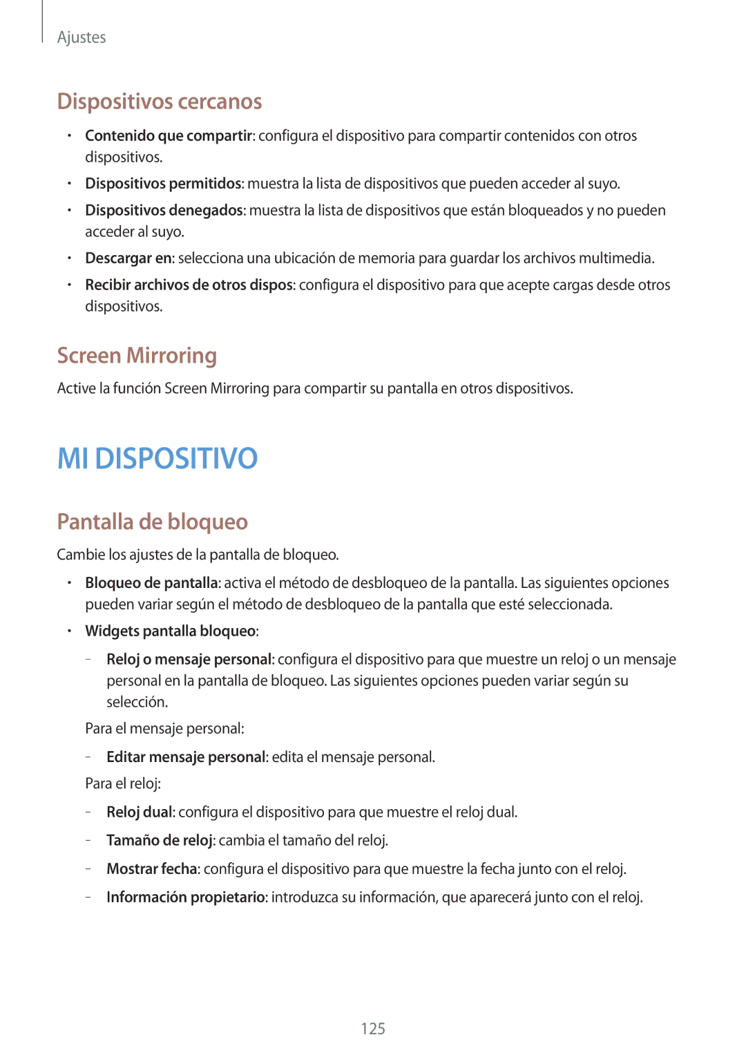 Samsung GT-I9295ZAAXEF manual Dispositivos cercanos, Screen Mirroring, Pantalla de bloqueo, Widgets pantalla bloqueo 