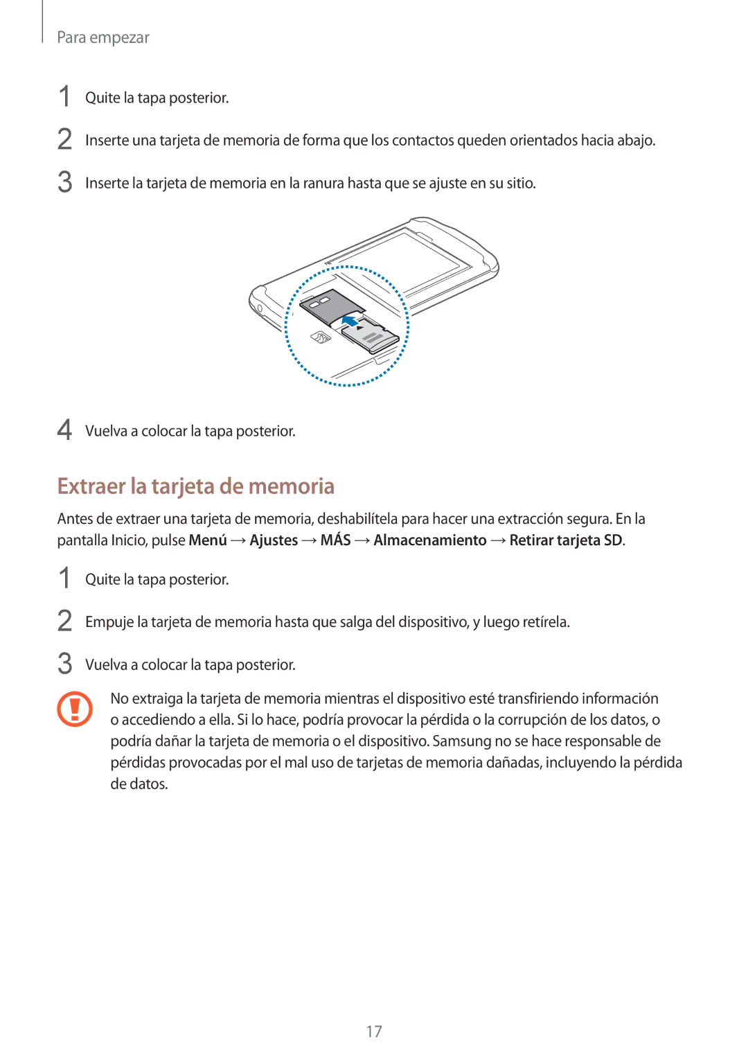 Samsung GT-I9295ZAAXEF, GT-I9295ZBADBT, GT-I9295ZAAPHE, GT-I9295ZBAROM manual Extraer la tarjeta de memoria 