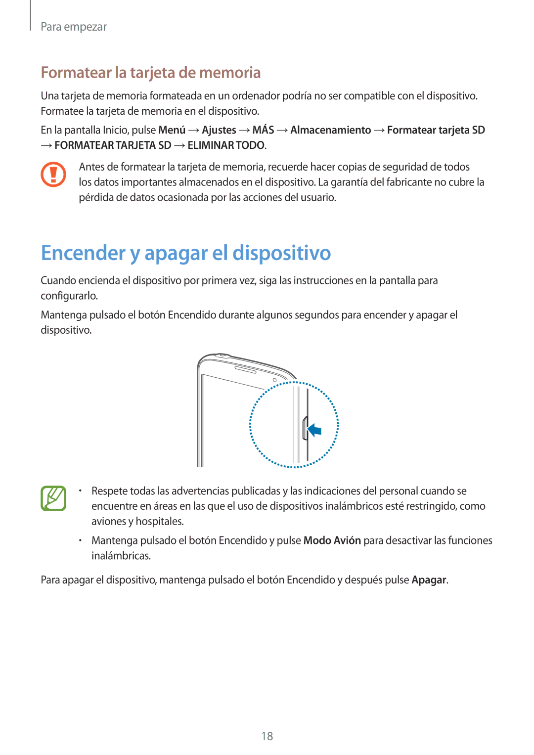 Samsung GT-I9295ZAAPHE, GT-I9295ZBADBT, GT-I9295ZAAXEF Encender y apagar el dispositivo, Formatear la tarjeta de memoria 