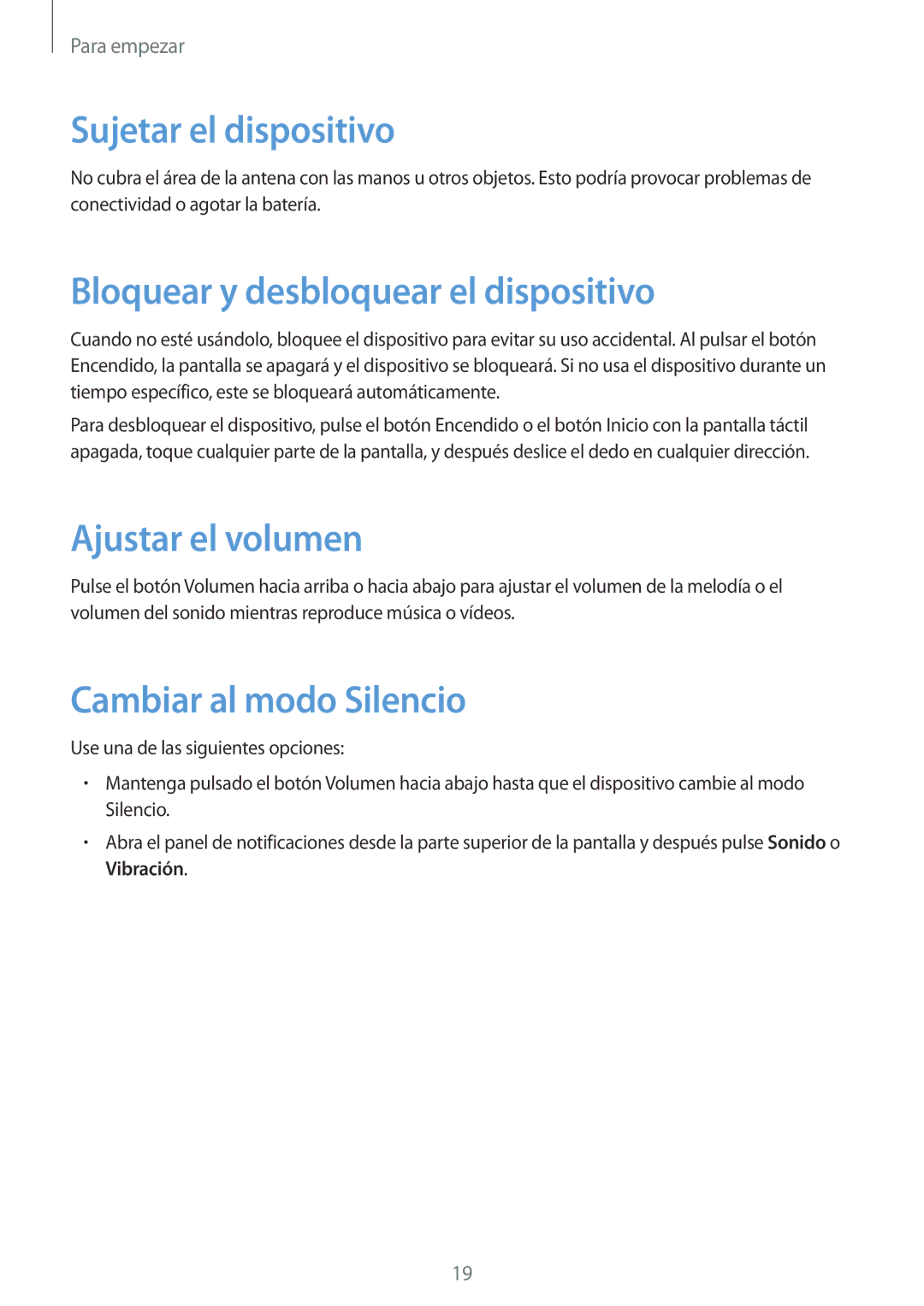 Samsung GT-I9295ZBAROM, GT-I9295ZBADBT Sujetar el dispositivo, Bloquear y desbloquear el dispositivo, Ajustar el volumen 