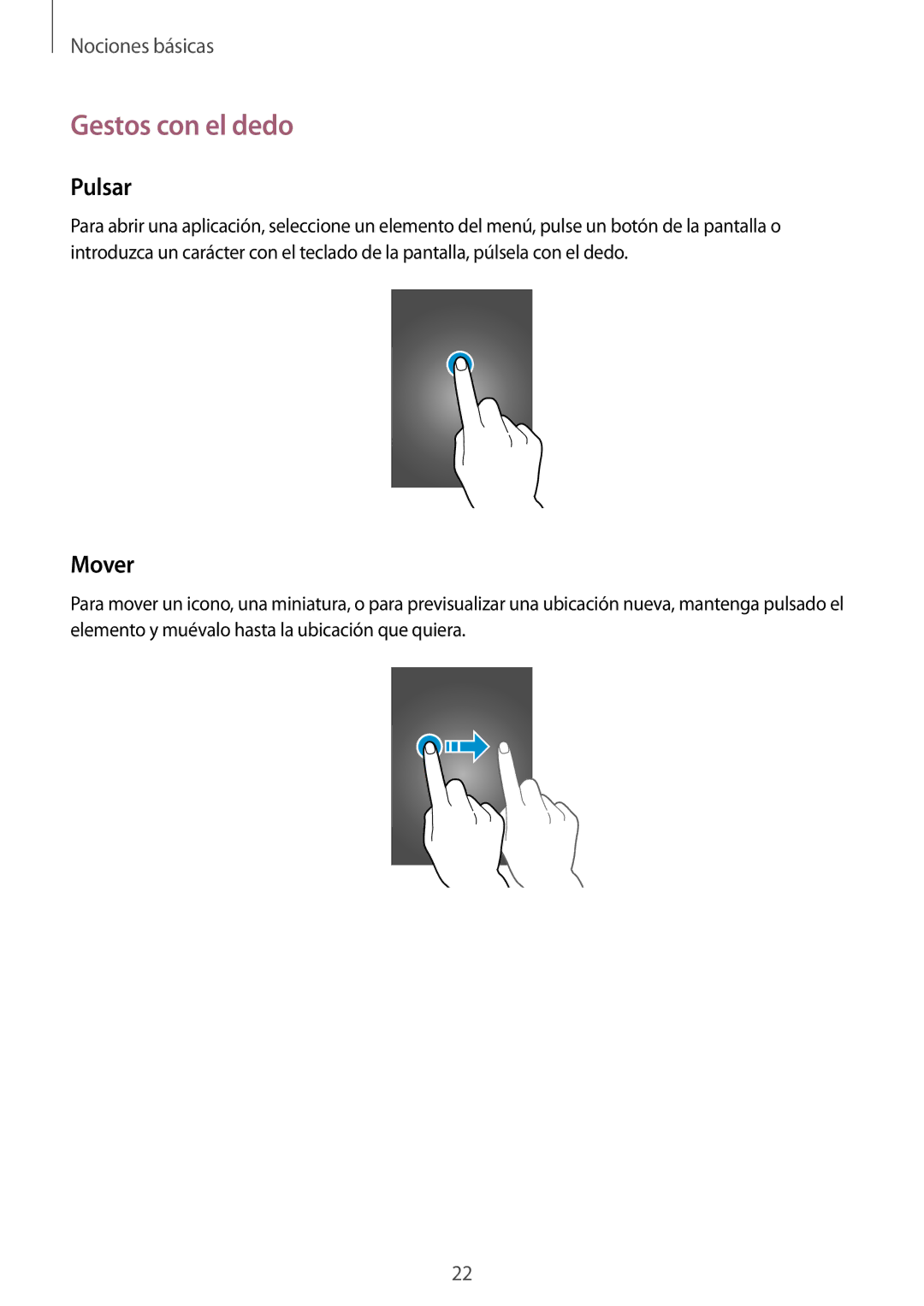 Samsung GT-I9295ZAAPHE, GT-I9295ZBADBT, GT-I9295ZAAXEF, GT-I9295ZBAROM manual Gestos con el dedo, Pulsar, Mover 