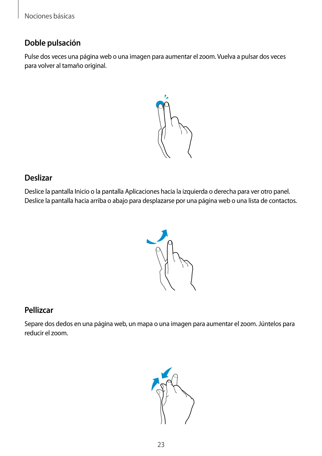 Samsung GT-I9295ZBAROM, GT-I9295ZBADBT, GT-I9295ZAAXEF, GT-I9295ZAAPHE manual Doble pulsación, Deslizar, Pellizcar 