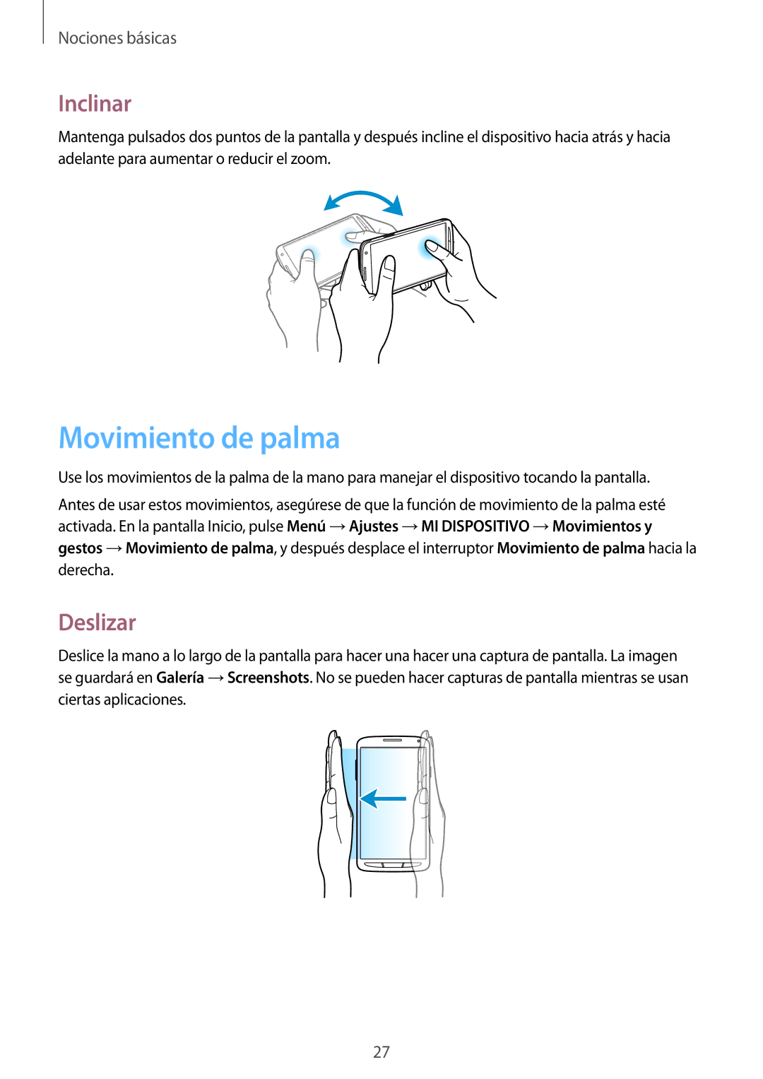 Samsung GT-I9295ZBAROM, GT-I9295ZBADBT, GT-I9295ZAAXEF, GT-I9295ZAAPHE manual Movimiento de palma, Inclinar, Deslizar 