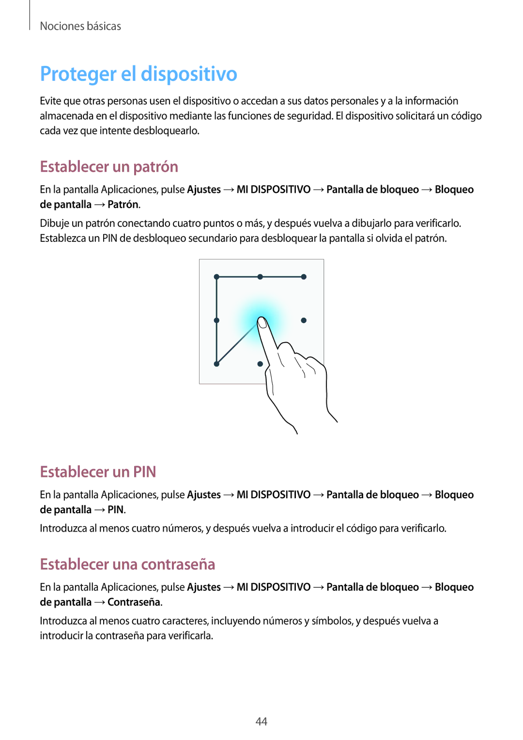 Samsung GT-I9295ZBADBT manual Proteger el dispositivo, Establecer un patrón, Establecer un PIN, Establecer una contraseña 