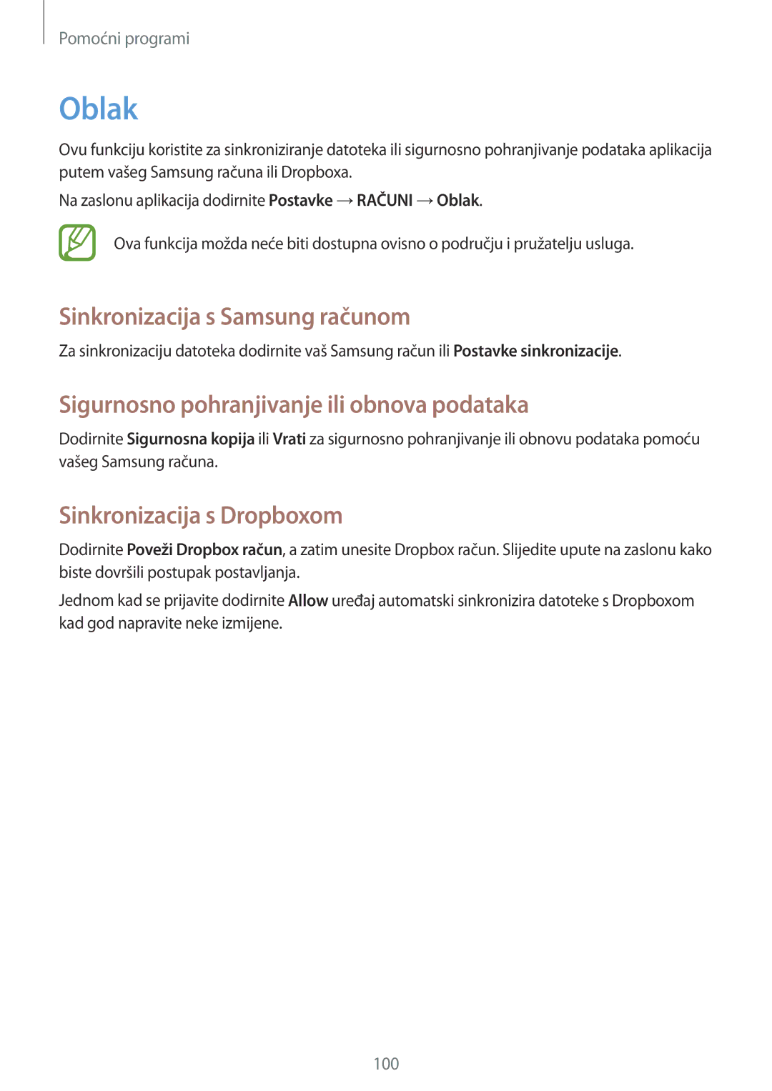 Samsung GT-I9295ZAASEE manual Oblak, Sinkronizacija s Samsung računom, Sigurnosno pohranjivanje ili obnova podataka 