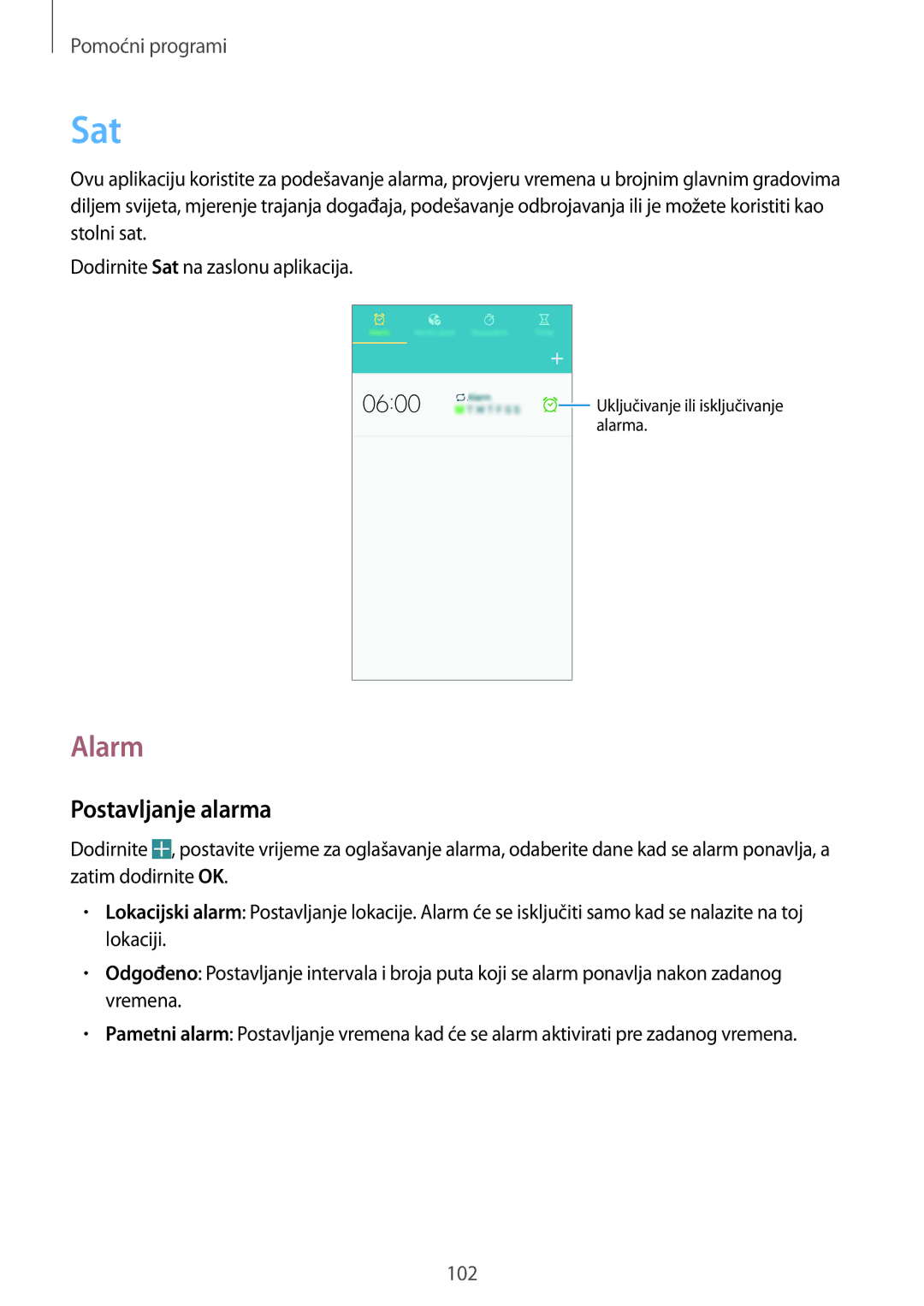 Samsung GT-I9295ZBASEE, GT-I9295ZAAVIP, GT-I9295ZOATWO, GT-I9295ZOASEE, GT-I9295ZAASEE manual Sat, Alarm, Postavljanje alarma 