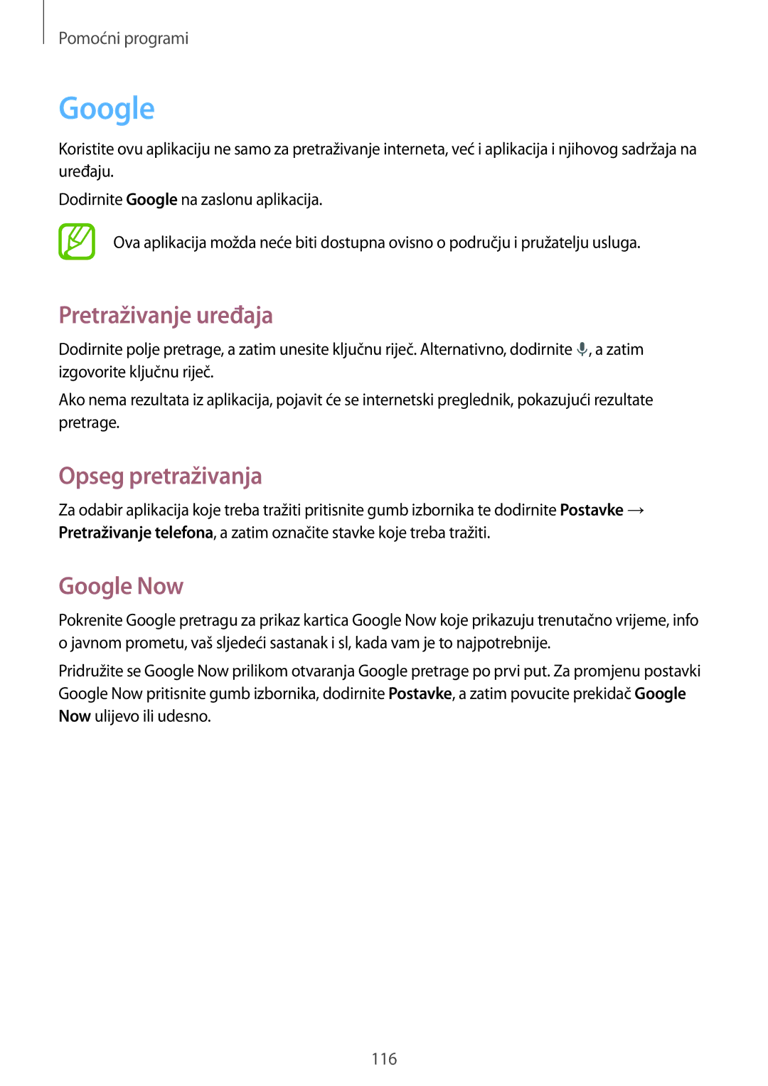 Samsung GT-I9295ZOATWO, GT-I9295ZBASEE, GT-I9295ZAAVIP manual Pretraživanje uređaja, Opseg pretraživanja, Google Now 