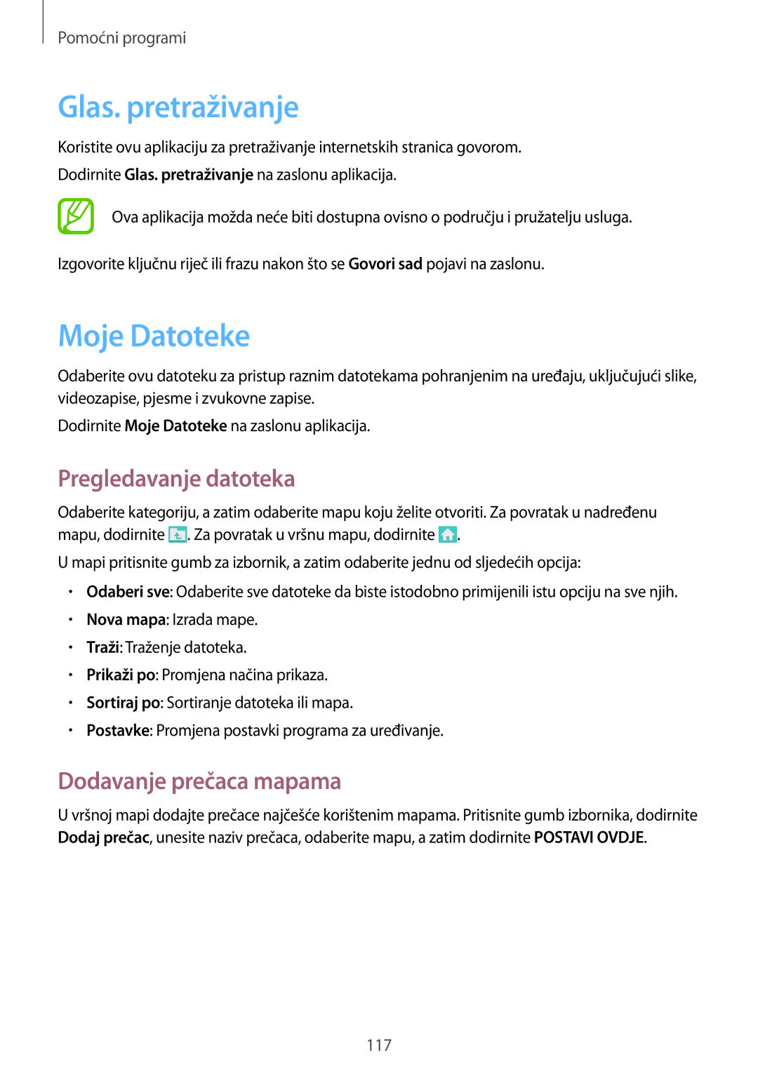 Samsung GT-I9295ZOASEE, GT-I9295ZBASEE, GT-I9295ZAAVIP manual Glas. pretraživanje, Moje Datoteke, Dodavanje prečaca mapama 