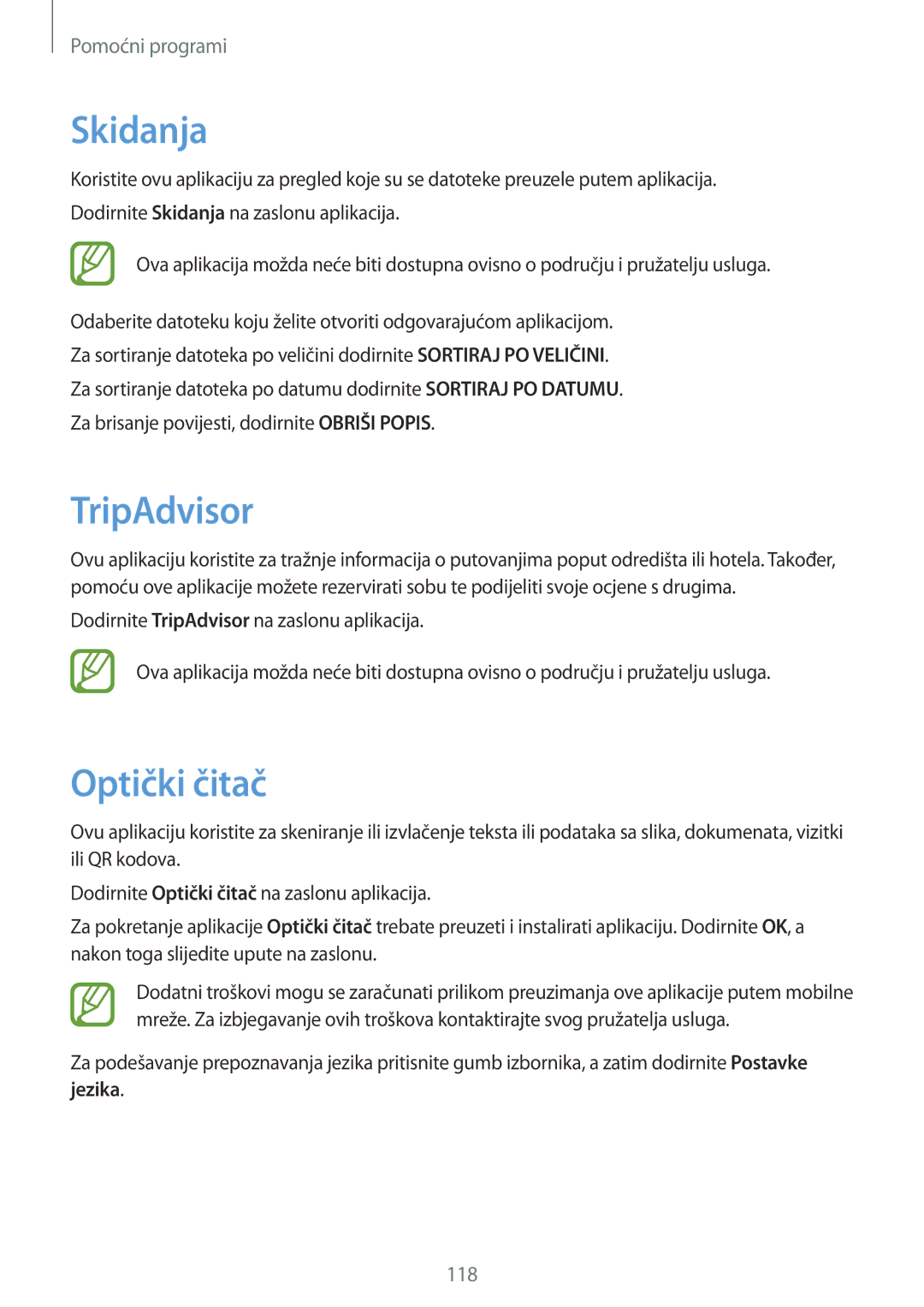 Samsung GT-I9295ZAASEE, GT-I9295ZBASEE, GT-I9295ZAAVIP, GT-I9295ZOATWO manual Skidanja, TripAdvisor, Optički čitač, Jezika 