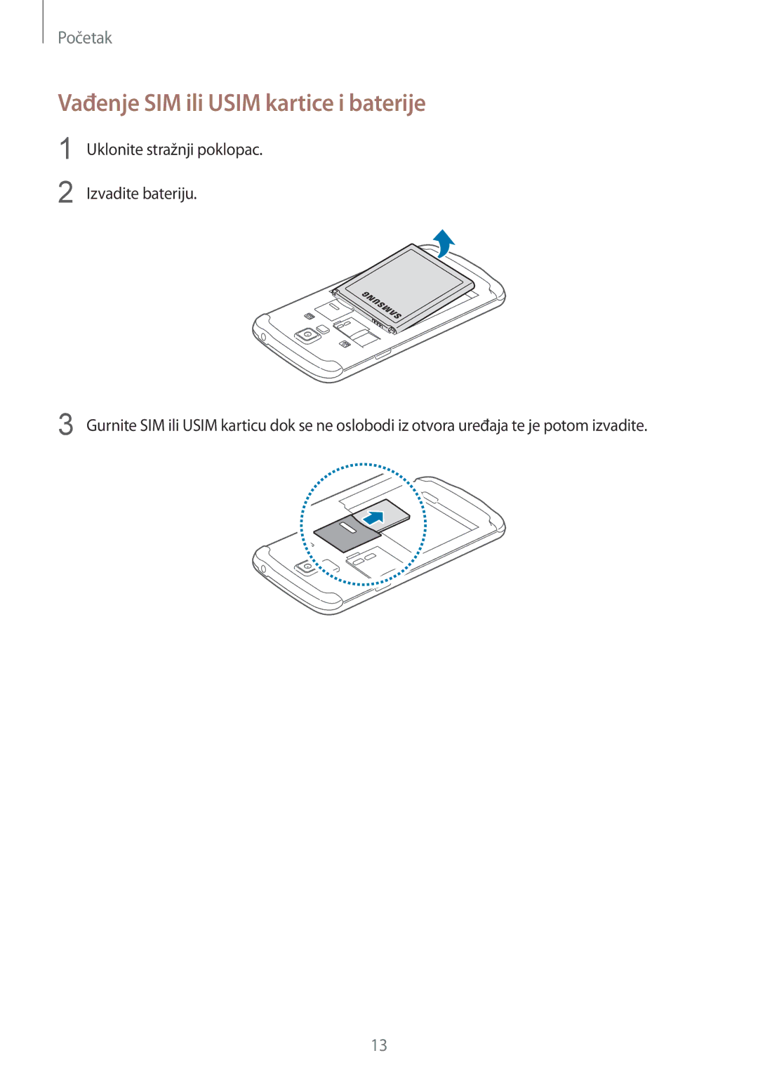 Samsung GT-I9295ZAAVIP, GT-I9295ZBASEE, GT-I9295ZOATWO, GT-I9295ZOASEE manual Vađenje SIM ili Usim kartice i baterije 