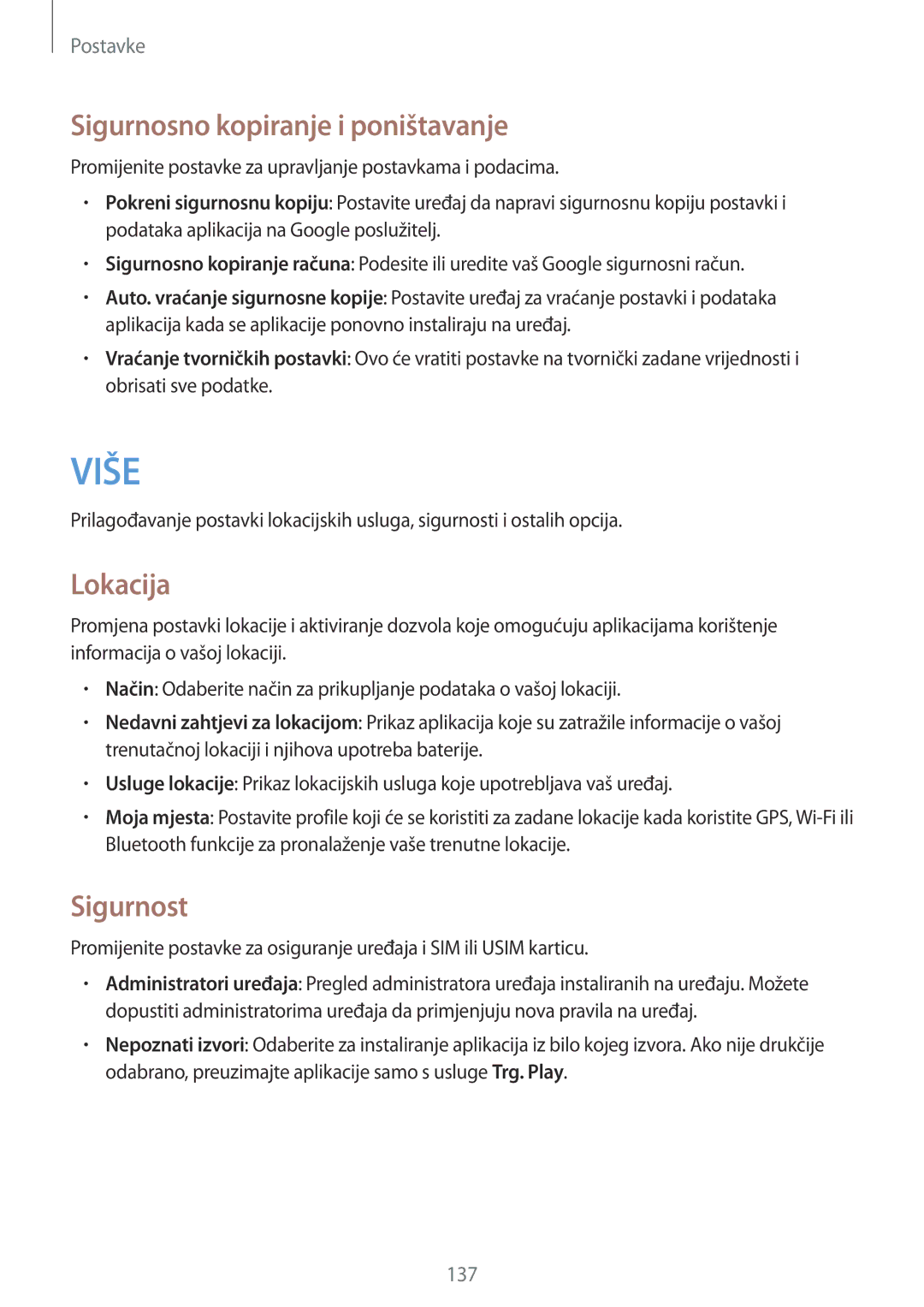 Samsung GT-I9295ZAATWO, GT-I9295ZBASEE, GT-I9295ZAAVIP manual Sigurnosno kopiranje i poništavanje, Lokacija, Sigurnost 