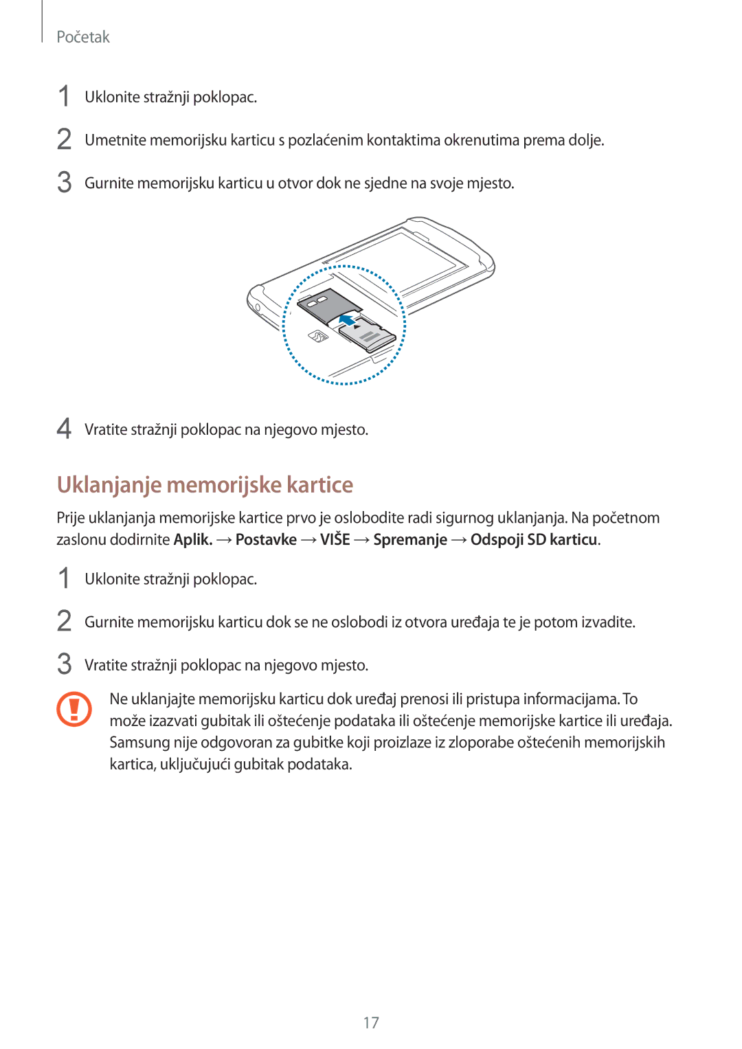 Samsung GT-I9295ZAATWO, GT-I9295ZBASEE, GT-I9295ZAAVIP, GT-I9295ZOATWO, GT-I9295ZOASEE manual Uklanjanje memorijske kartice 