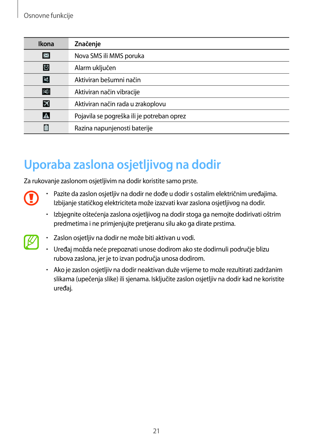 Samsung GT-I9295ZOASEE, GT-I9295ZBASEE, GT-I9295ZAAVIP manual Uporaba zaslona osjetljivog na dodir, Osnovne funkcije 