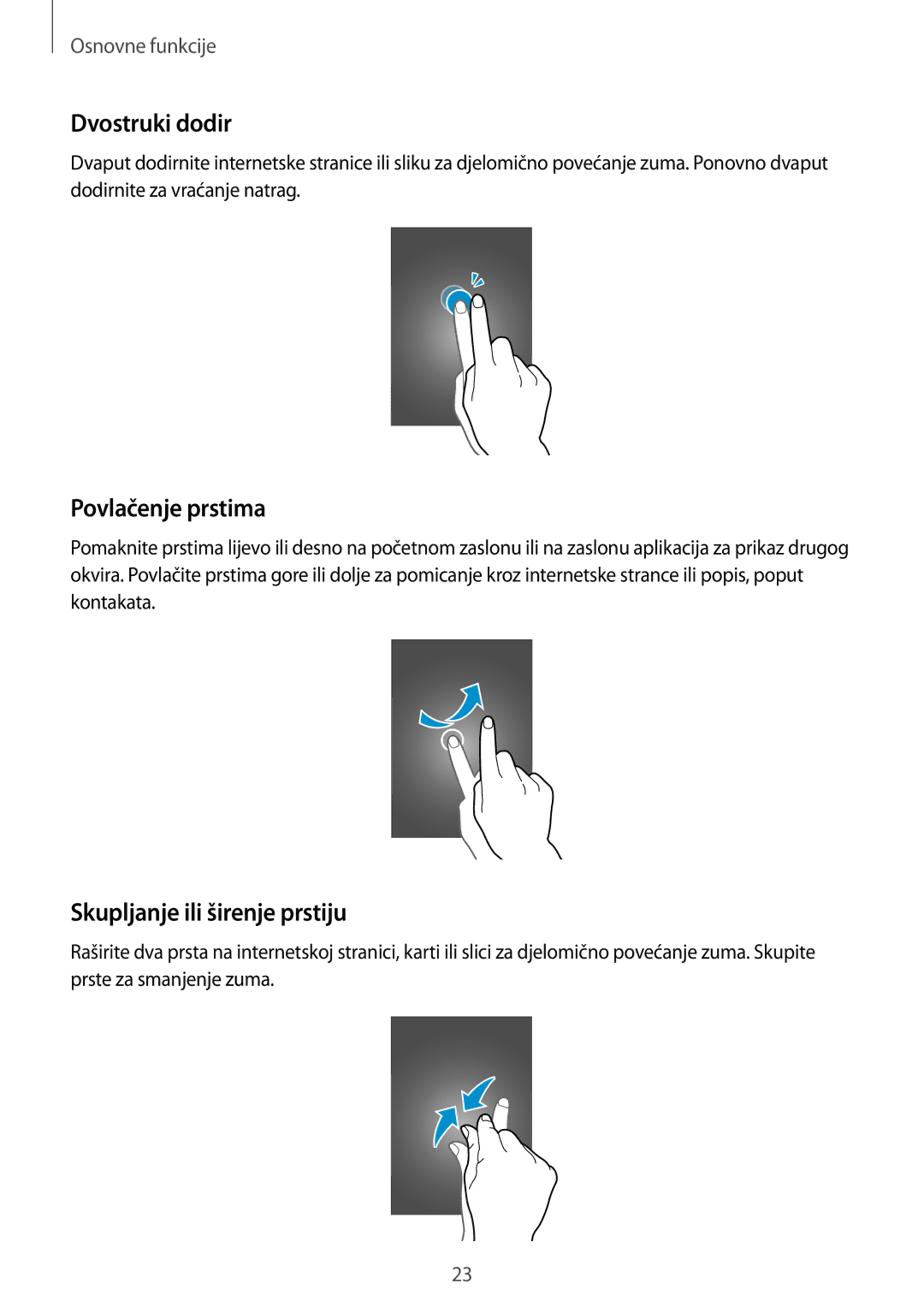 Samsung GT-I9295ZAATWO, GT-I9295ZBASEE, GT-I9295ZAAVIP Dvostruki dodir, Povlačenje prstima, Skupljanje ili širenje prstiju 