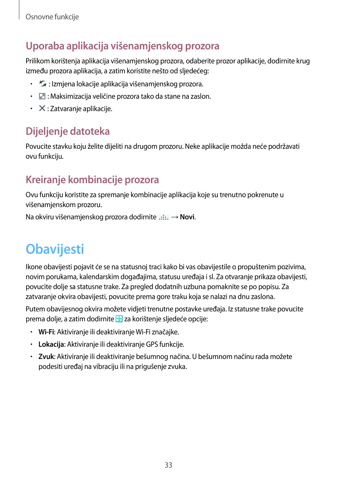 Samsung GT-I9295ZOASEE, GT-I9295ZBASEE manual Obavijesti, Uporaba aplikacija višenamjenskog prozora, Dijeljenje datoteka 