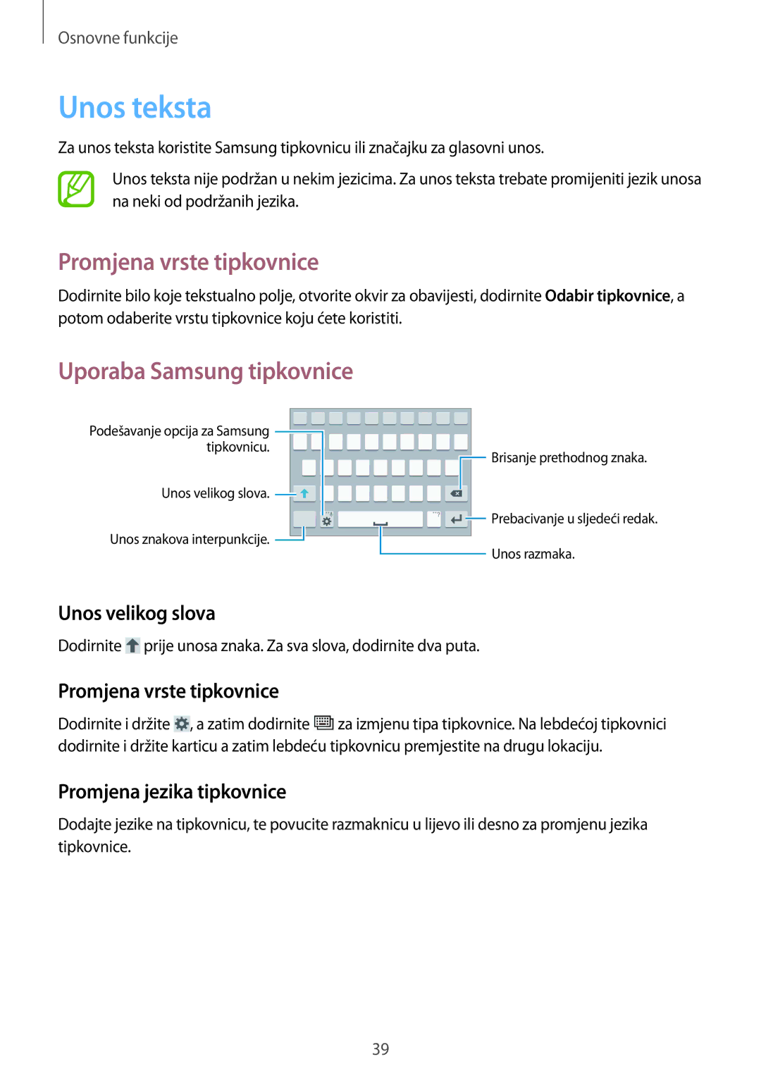 Samsung GT-I9295ZOASEE manual Unos teksta, Promjena vrste tipkovnice, Unos velikog slova, Promjena jezika tipkovnice 