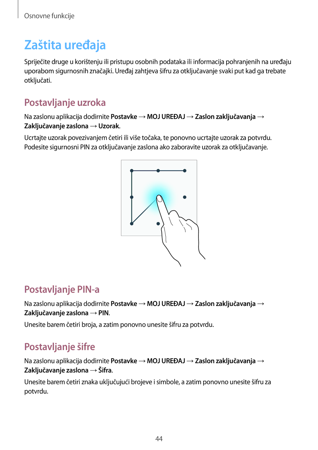 Samsung GT-I9295ZOATWO, GT-I9295ZBASEE manual Zaštita uređaja, Postavljanje uzroka, Postavljanje PIN-a, Postavljanje šifre 