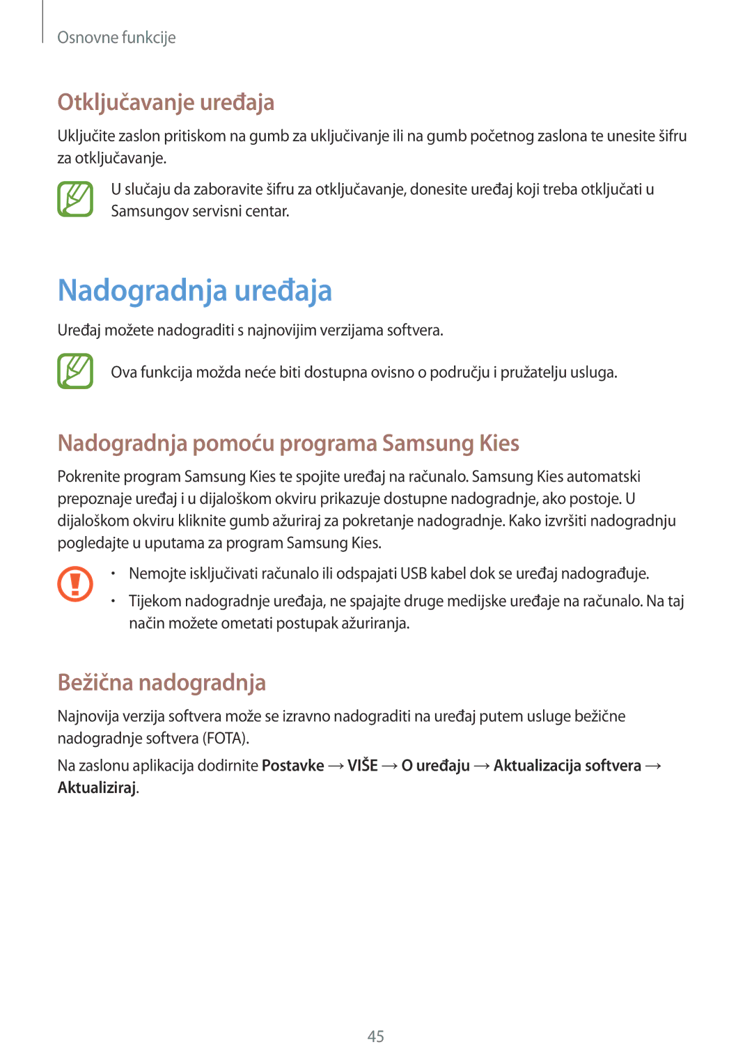 Samsung GT-I9295ZOASEE manual Nadogradnja uređaja, Otključavanje uređaja, Nadogradnja pomoću programa Samsung Kies 