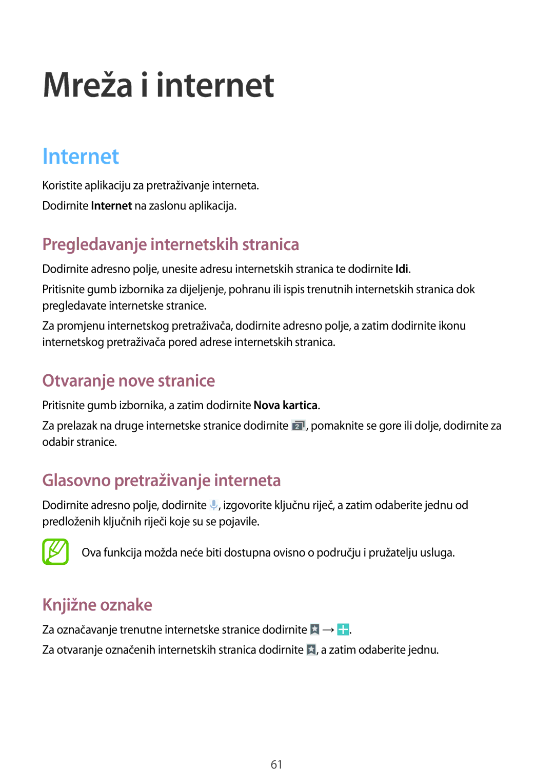 Samsung GT-I9295ZAAVIP manual Internet, Pregledavanje internetskih stranica, Otvaranje nove stranice, Knjižne oznake 