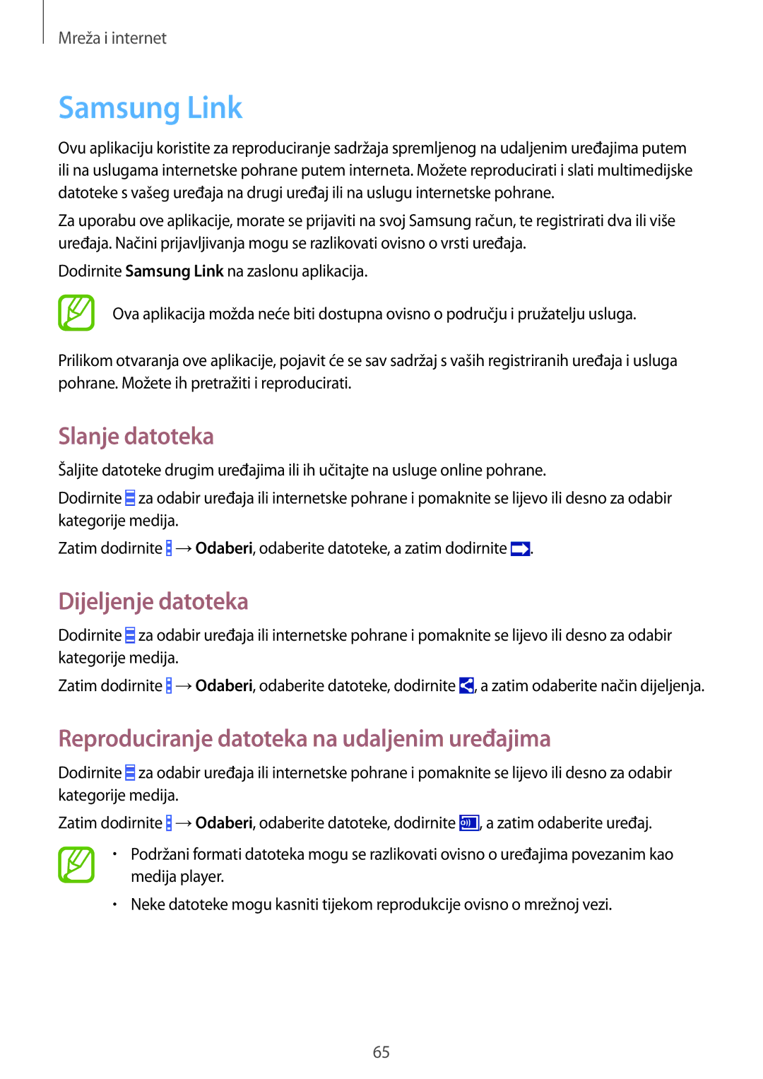 Samsung GT-I9295ZAATWO, GT-I9295ZBASEE manual Samsung Link, Slanje datoteka, Reproduciranje datoteka na udaljenim uređajima 