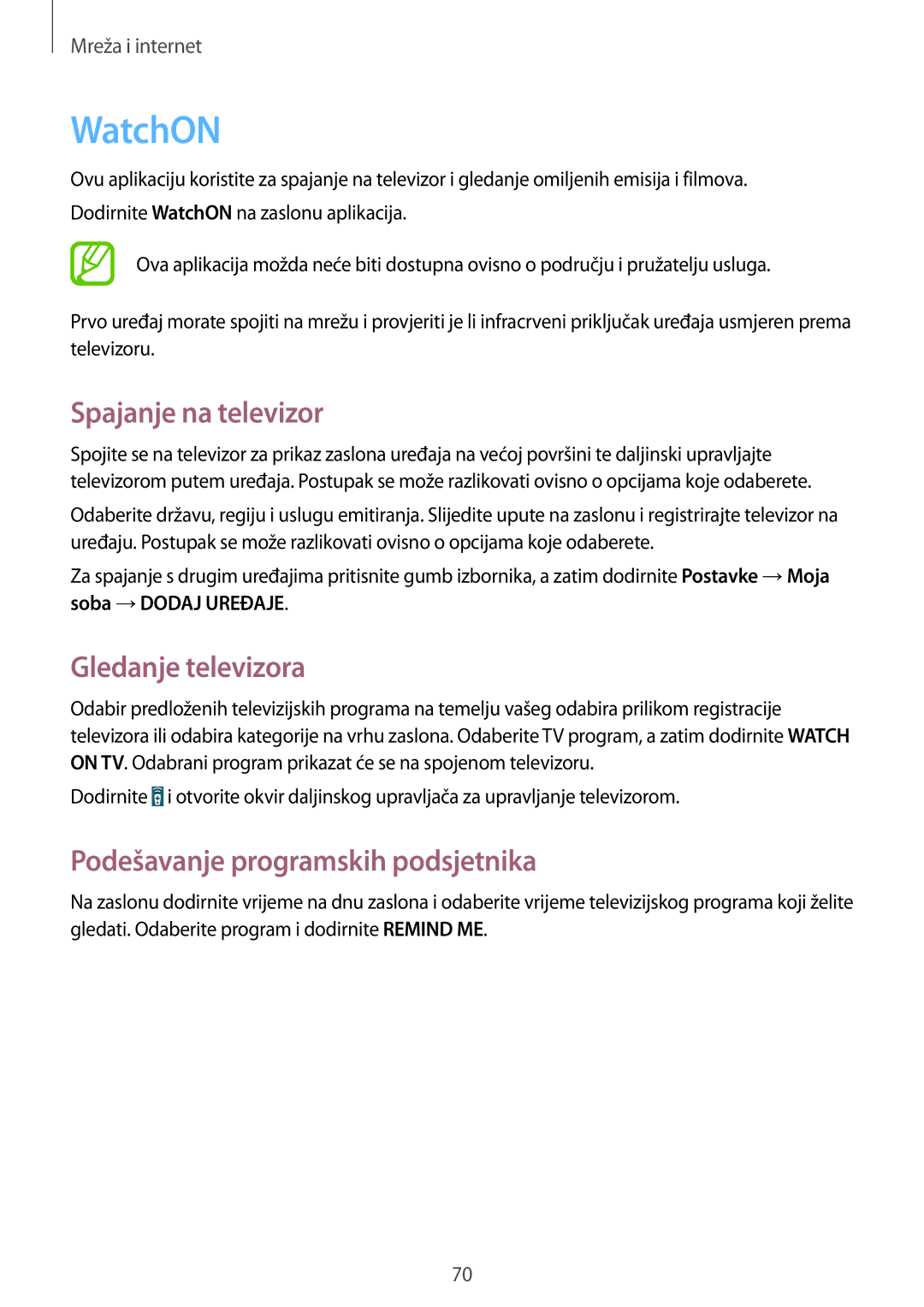 Samsung GT-I9295ZAASEE manual WatchON, Spajanje na televizor, Gledanje televizora, Podešavanje programskih podsjetnika 