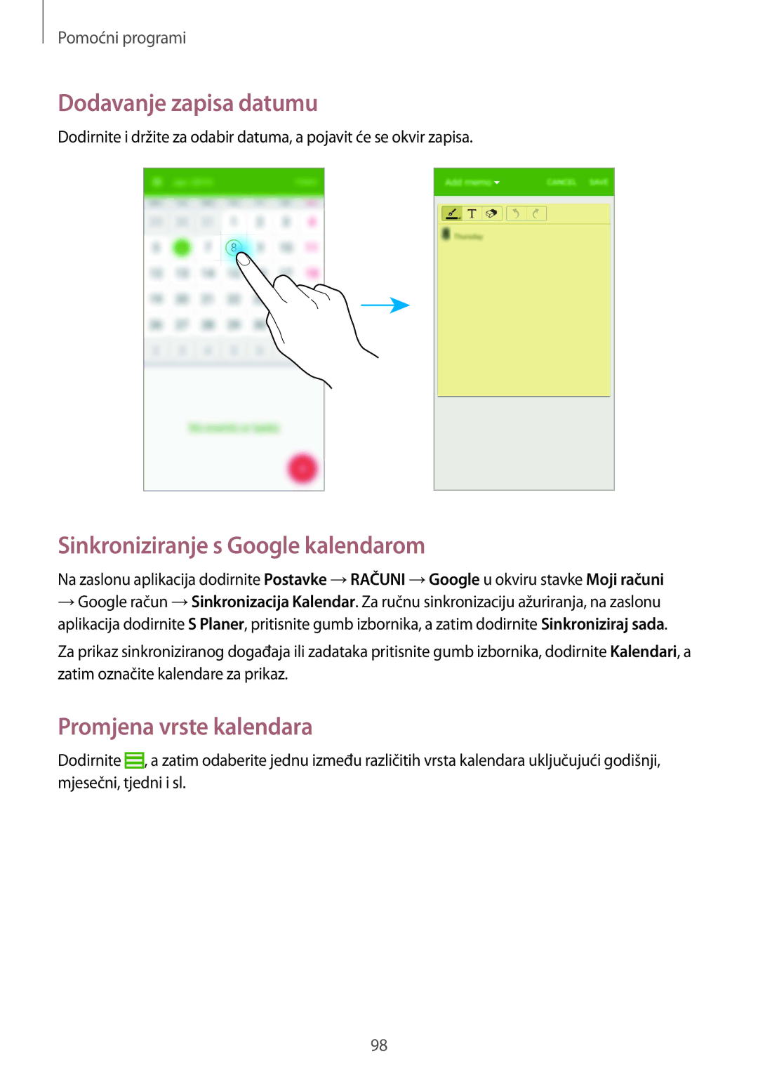 Samsung GT-I9295ZOATWO manual Dodavanje zapisa datumu, Sinkroniziranje s Google kalendarom, Promjena vrste kalendara 